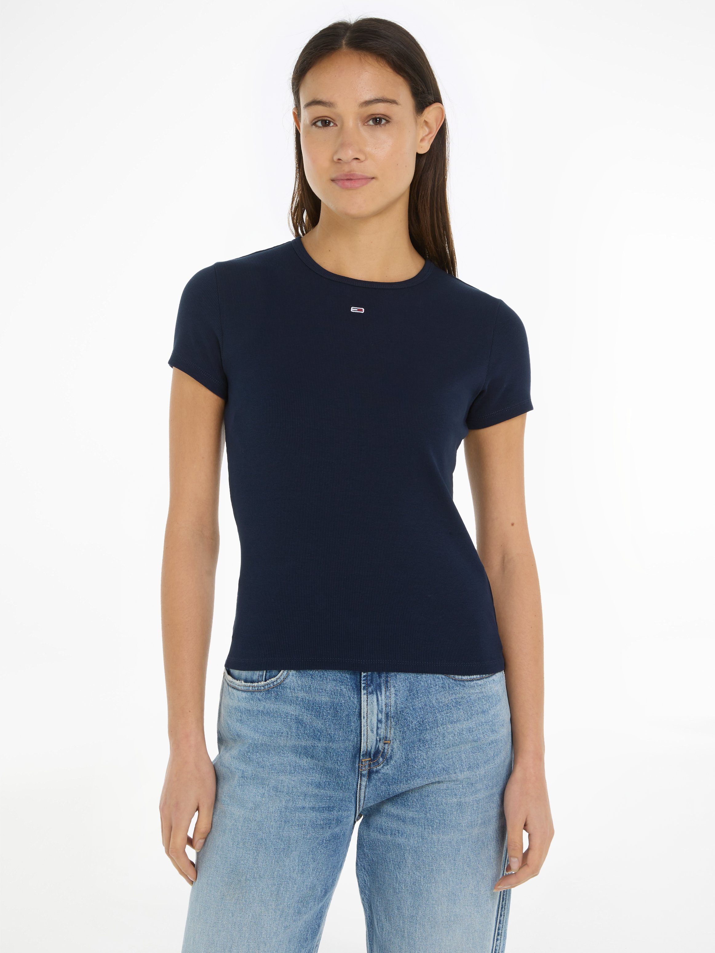 Tommy Jeans Curve T-shirt Slim Essential Rib dames t-shirts maat XXXL (46) blauw