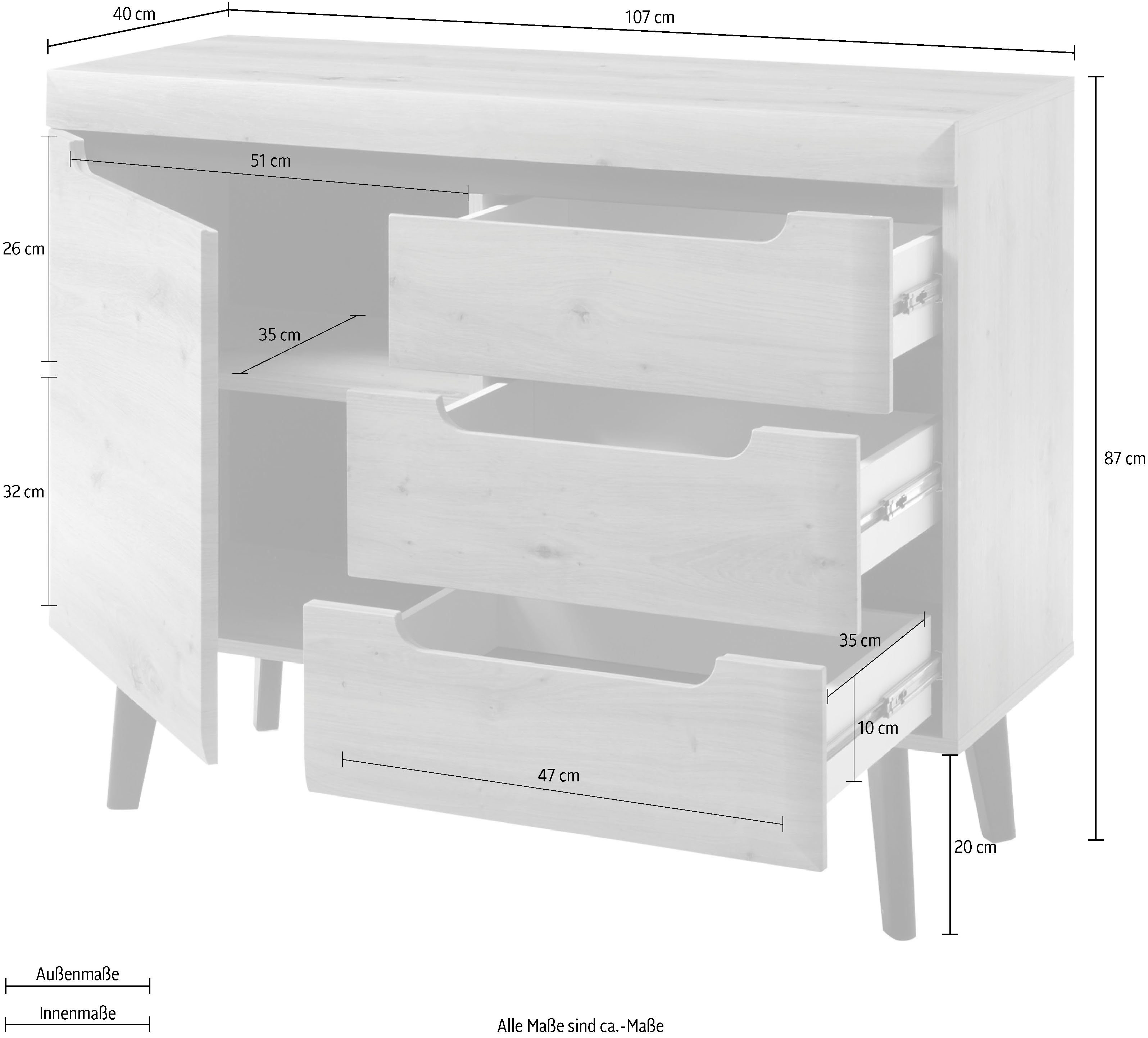 INOSIGN Dressoir Torge, dressoir, commode, ladekast afgeschuinde poten, drie kleuren, scandi design, 107 cm breed (1 stuk)