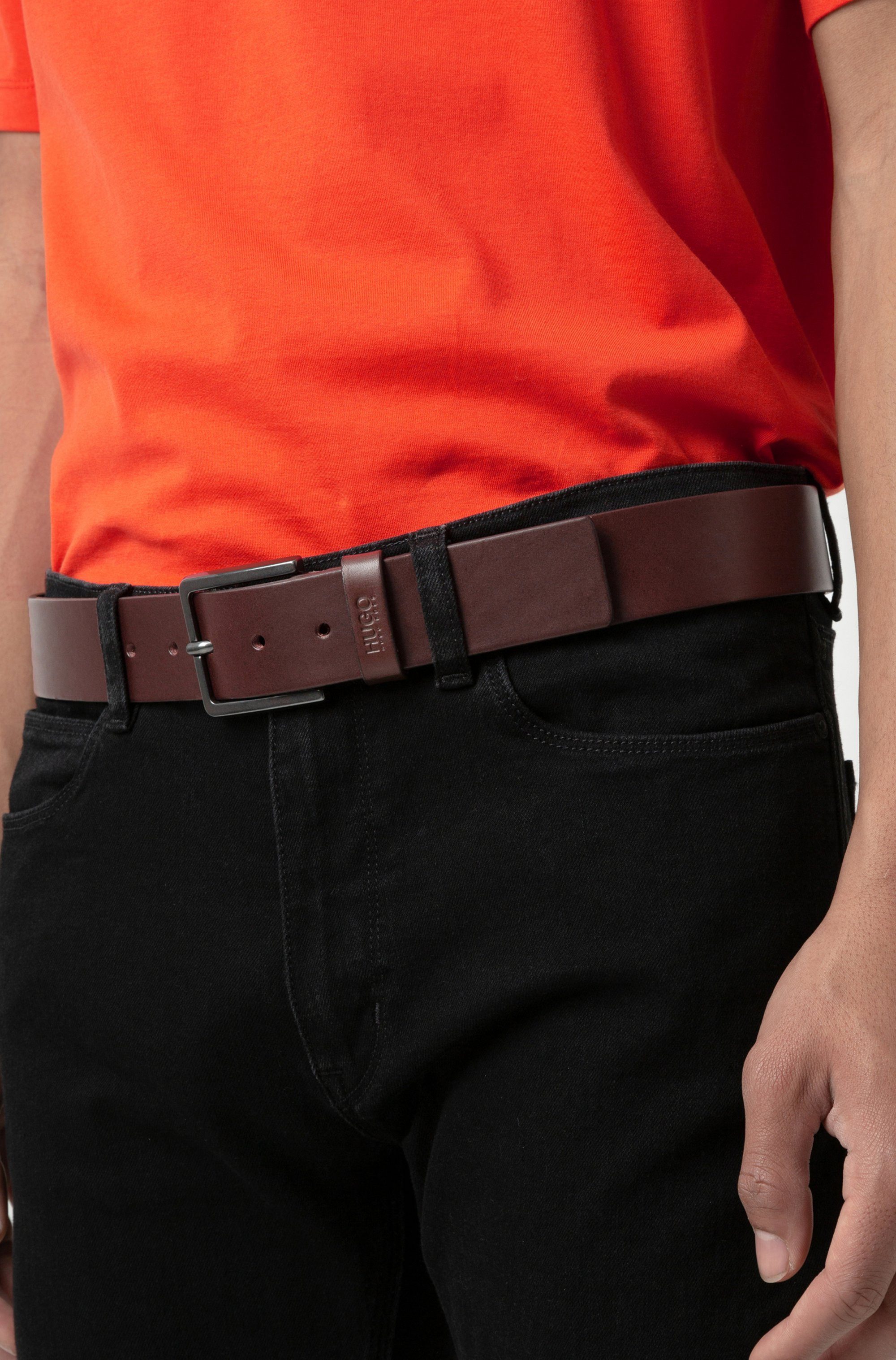 HUGO Leren riem Gionio van italiaans leer met logo-embossing op de lus