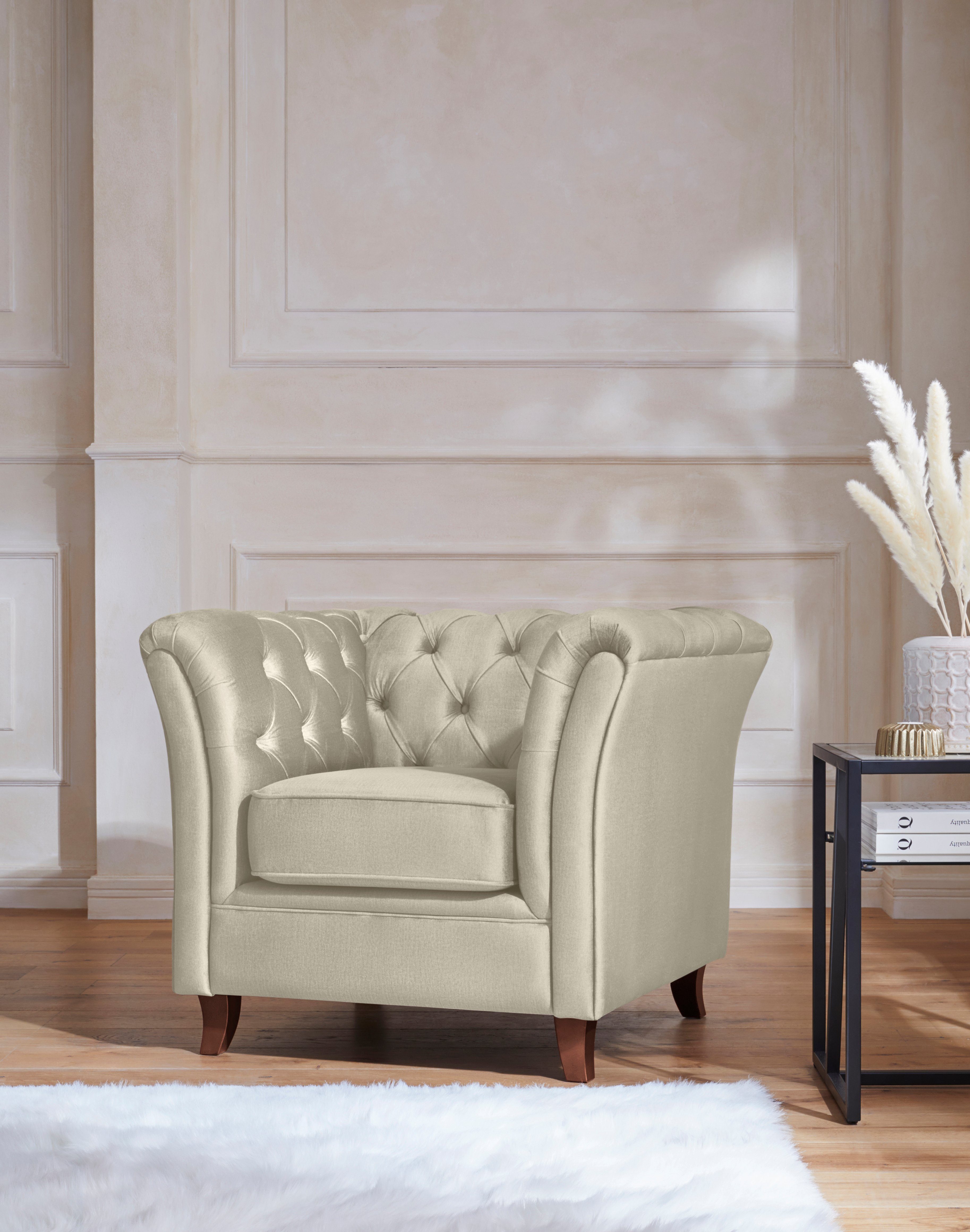 Home affaire Chesterfield-fauteuil Reims cocktailstoel, stoel met echte chesterfield-capitonnage, uitstekende verwerking fauteuils beige