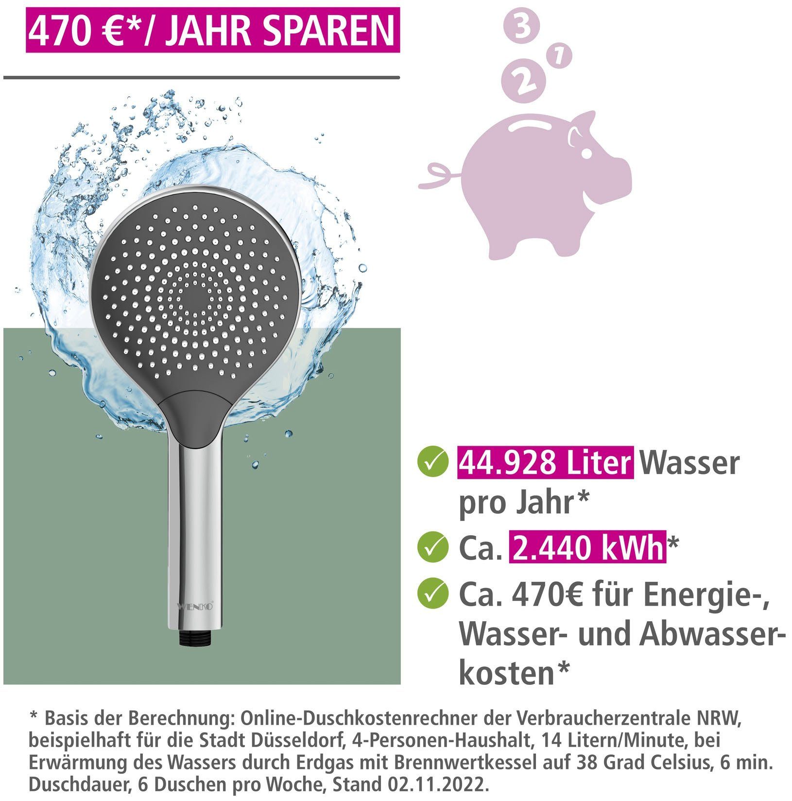 WENKO Handsproeier Watersaving Chroom, Ø 12 cm (1-delig)