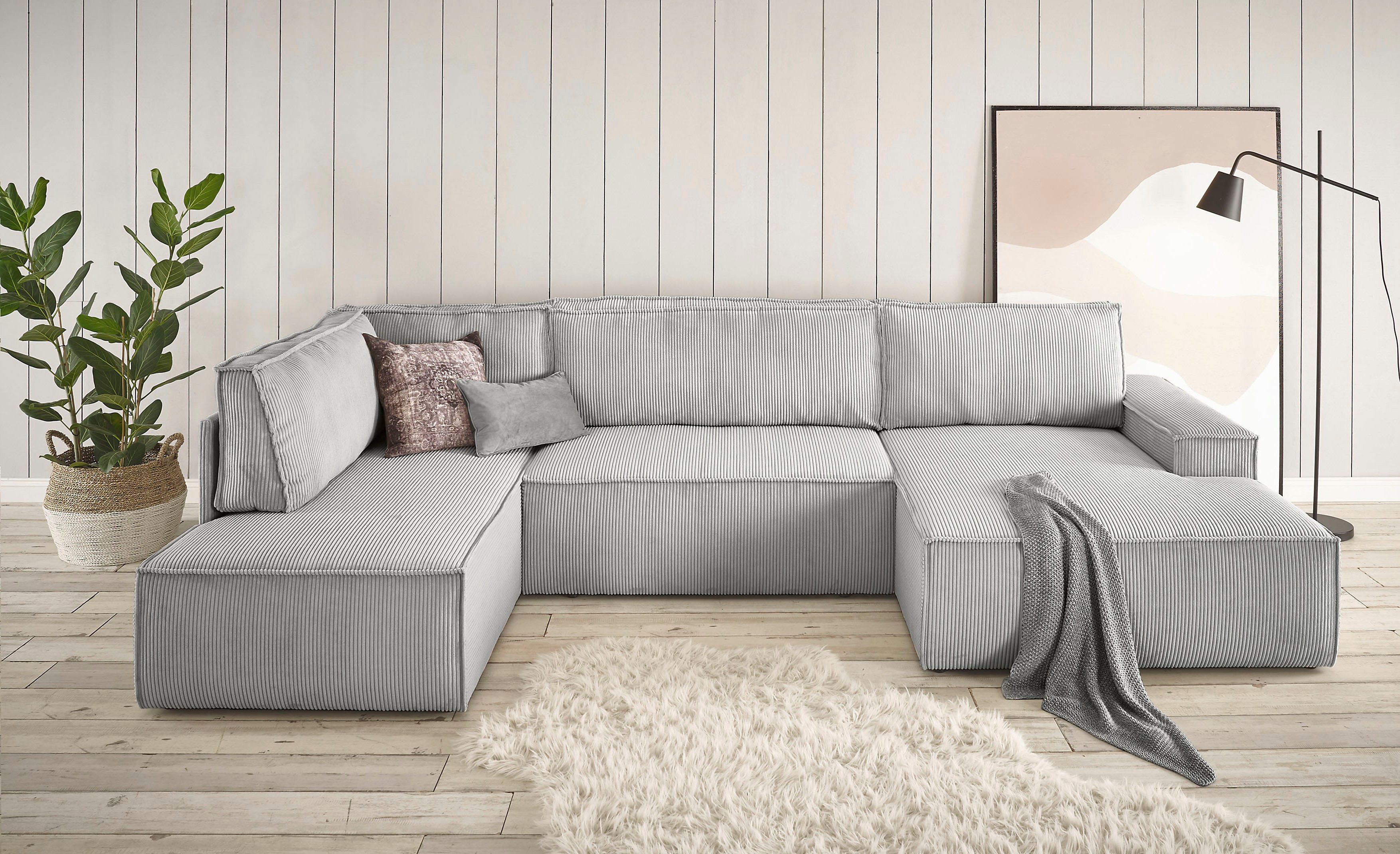 Home affaire Zithoek SHERWOOD 329 cm, U-vorm, slaapbank, Slaapfunctie met bedkist (194x139 cm), cord, vintage, fluweel
