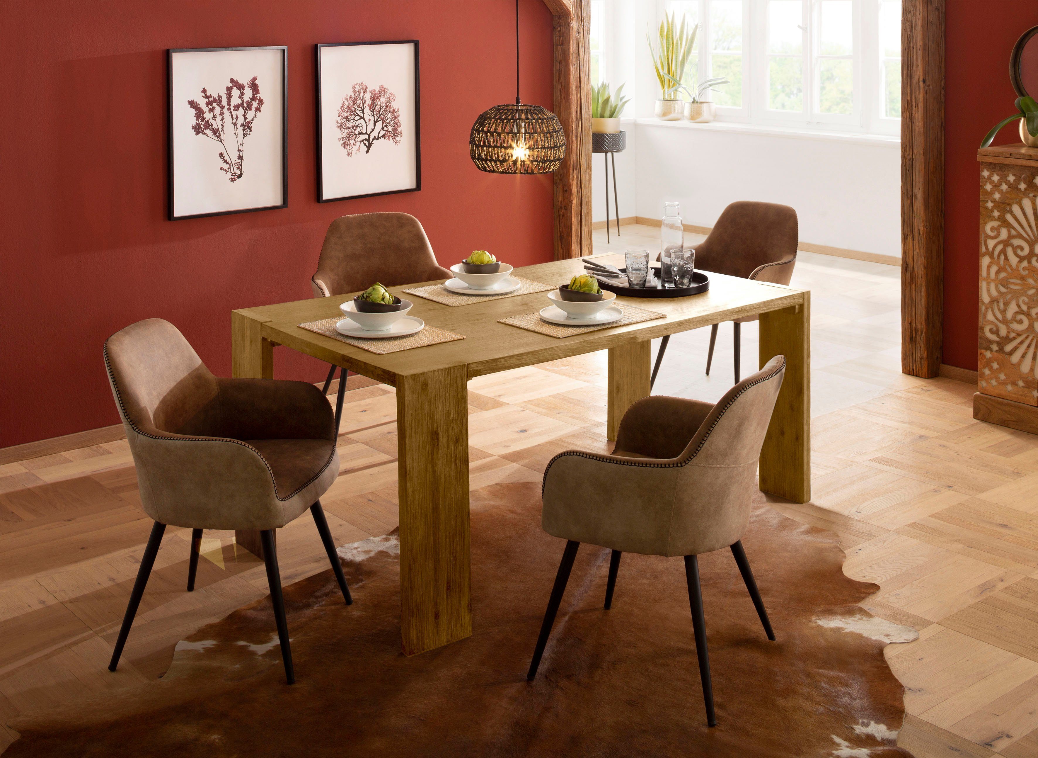 Home affaire Eettafel Marbella van massief acaciahout, in verschillende tafelgrootten eettafels maat 160 cm x 75 cm x 90 cm beige