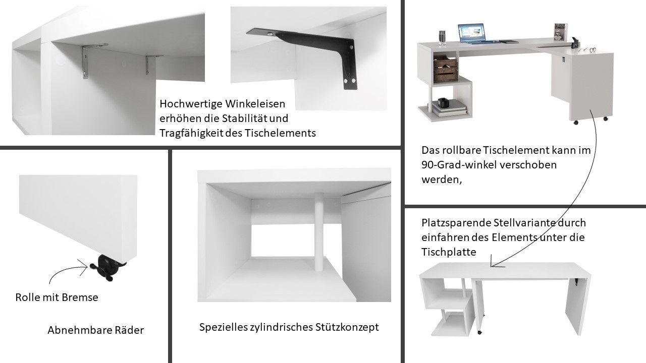 Places of Style Bureau Lopar, hoekbureau , rolbaar tafel-element, ruime werkruimte, hoek 180x129 cm