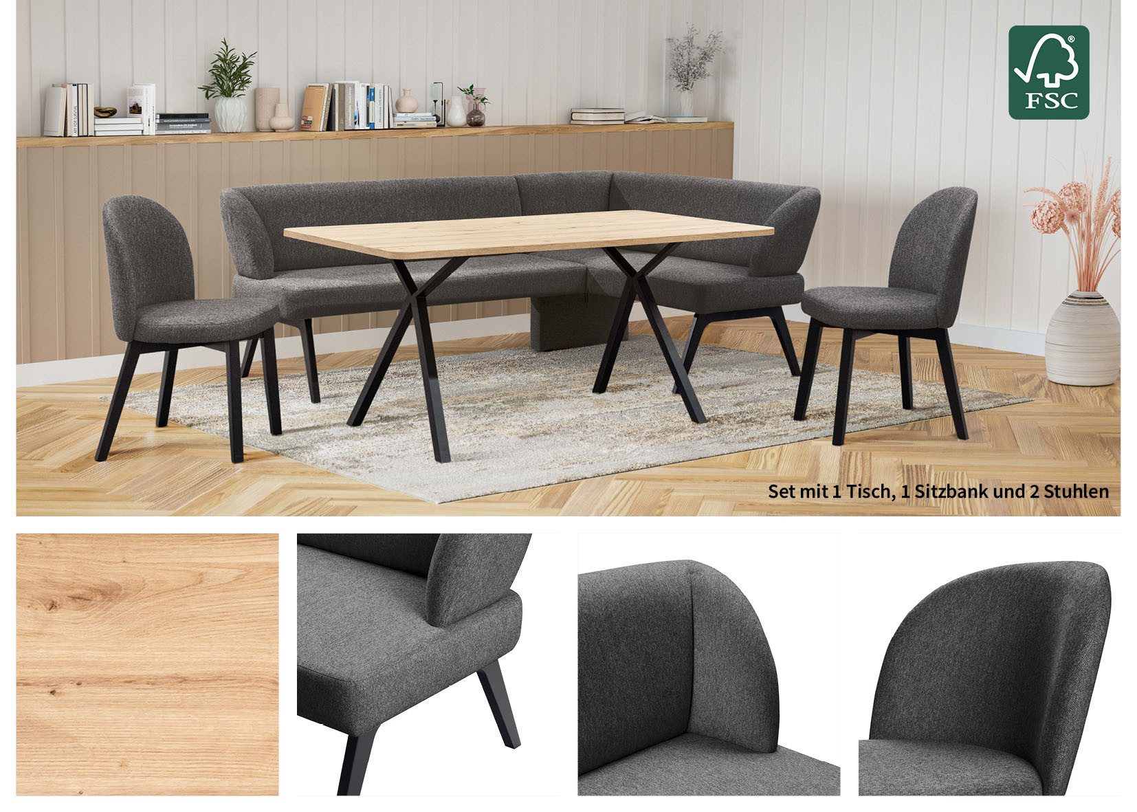 Home affaire Eethoek Aretha eetkamerset, zitgroep, hoekbank, keukenbank Eetkamer zitgroep, tafel, stoelen en bank gestoffeerd, Nosag-vering (4-delig)