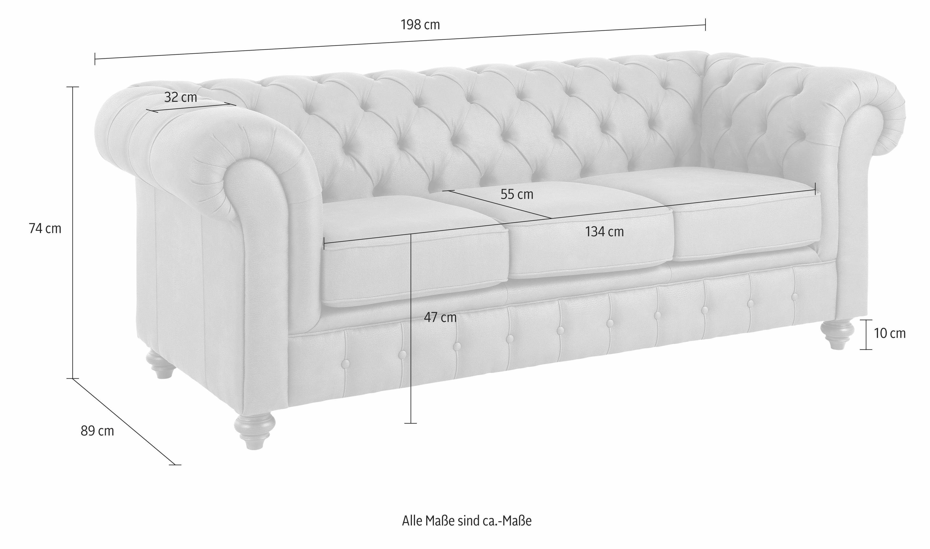 Home affaire Chesterfield-bank Chesterfield 3-zits B/D/H: 198/89/74 cm met hoogwaardige knoopdetails, ook in leer