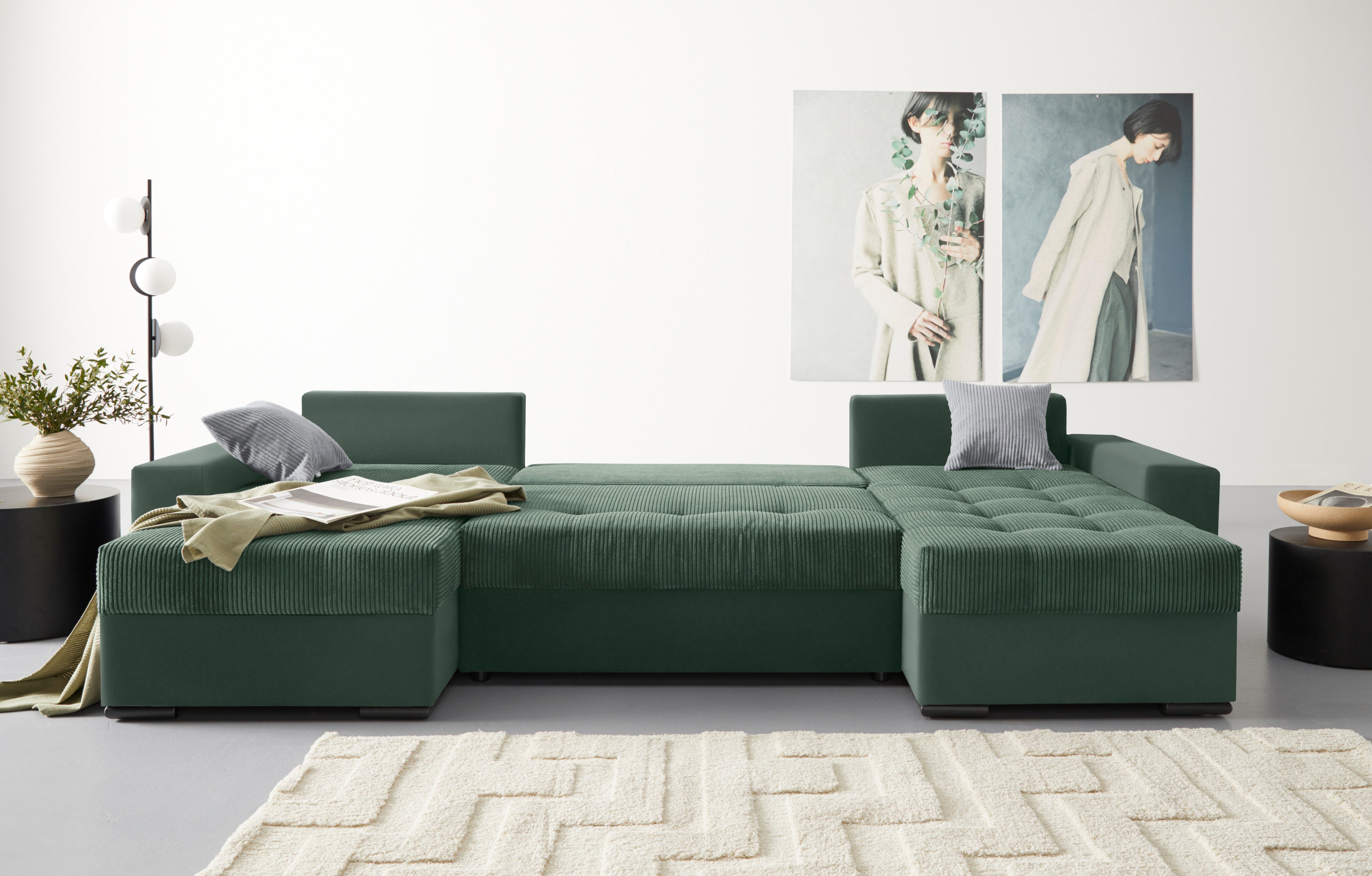COLLECTION AB Zithoek XL-Josy U-vorm, breedte 313 cm, cord-/mix incl. bedfunctie, bedlade, met 4 gelijk grote rugkussens