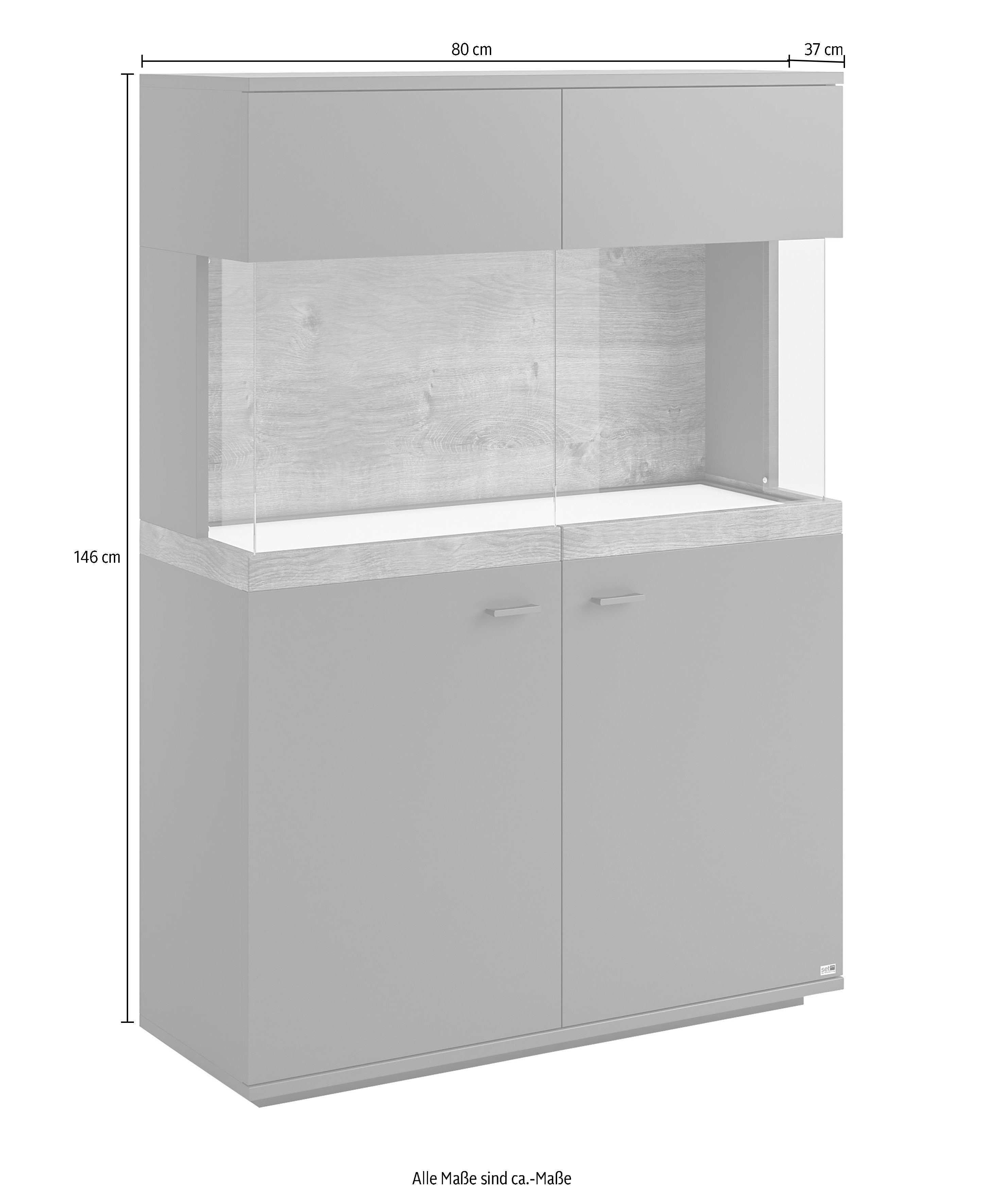 set one by Musterring Vitrinekast Lancaster Kleuren wit of grijs met eikenafwerking, met LED-verlichting