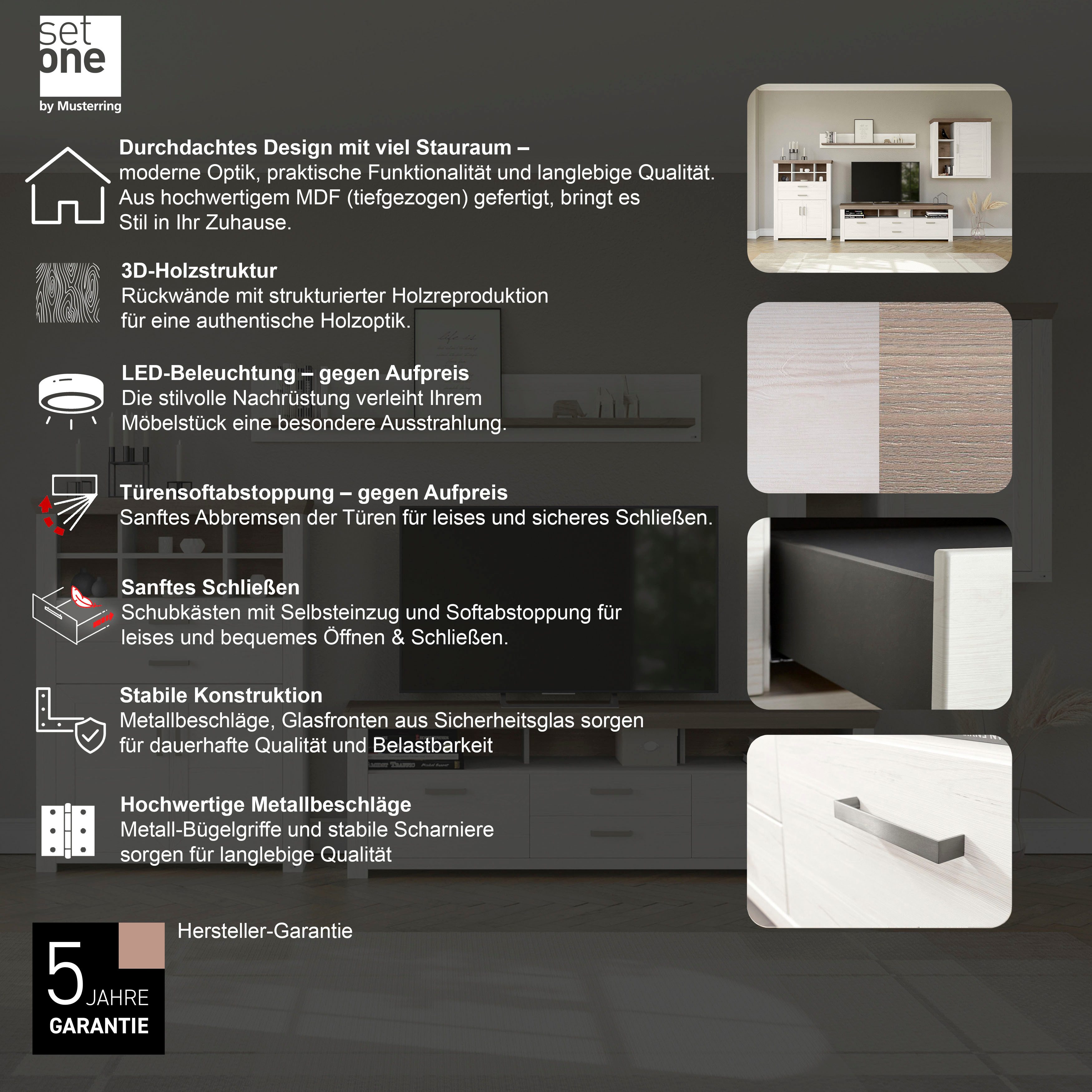 set one by Musterring Wandmeubel York Combinatie 01, in 3 kleurvarianten, totale breedte 374 cm (set, 4-delig)
