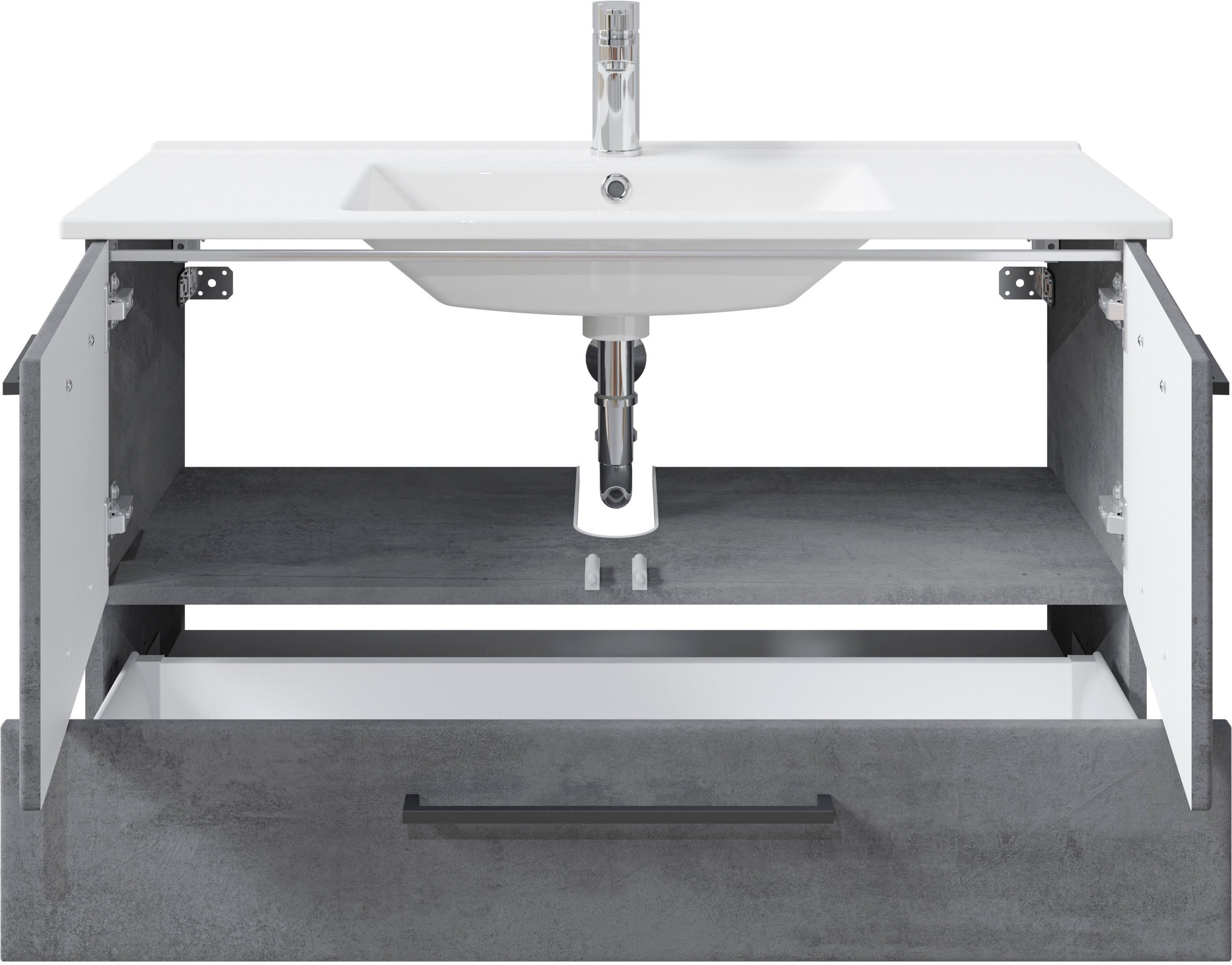 Saphir Badkamerserie Quickset 945 4-delig, keramieken wastafelonderkast met led-spiegelkast (5-delig)