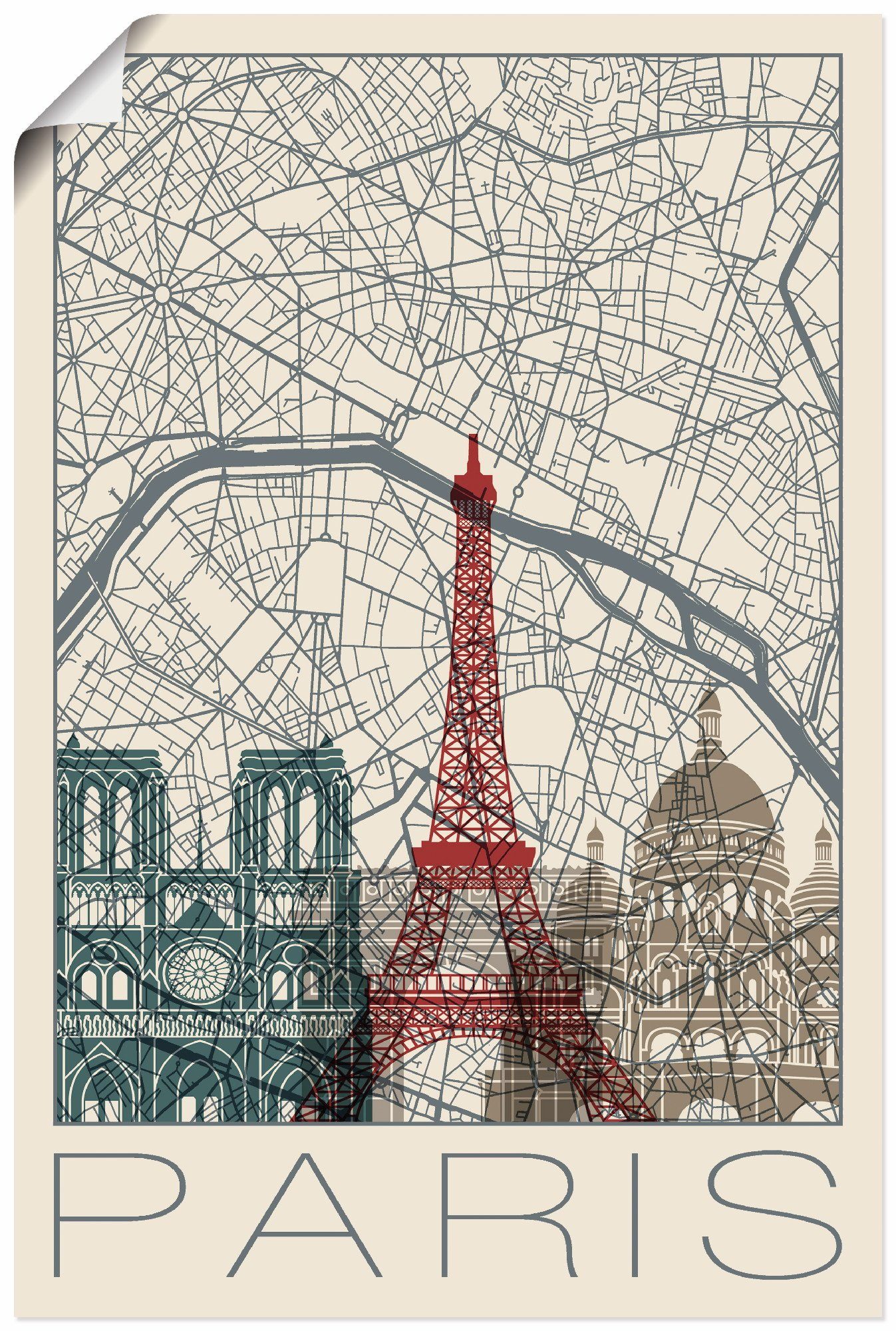 Artland Artprint Retro kaart Parijs Frankrijk en skyline in vele afmetingen & productsoorten - artprint van aluminium / artprint voor buiten, artprint op linnen, poster, muursticke