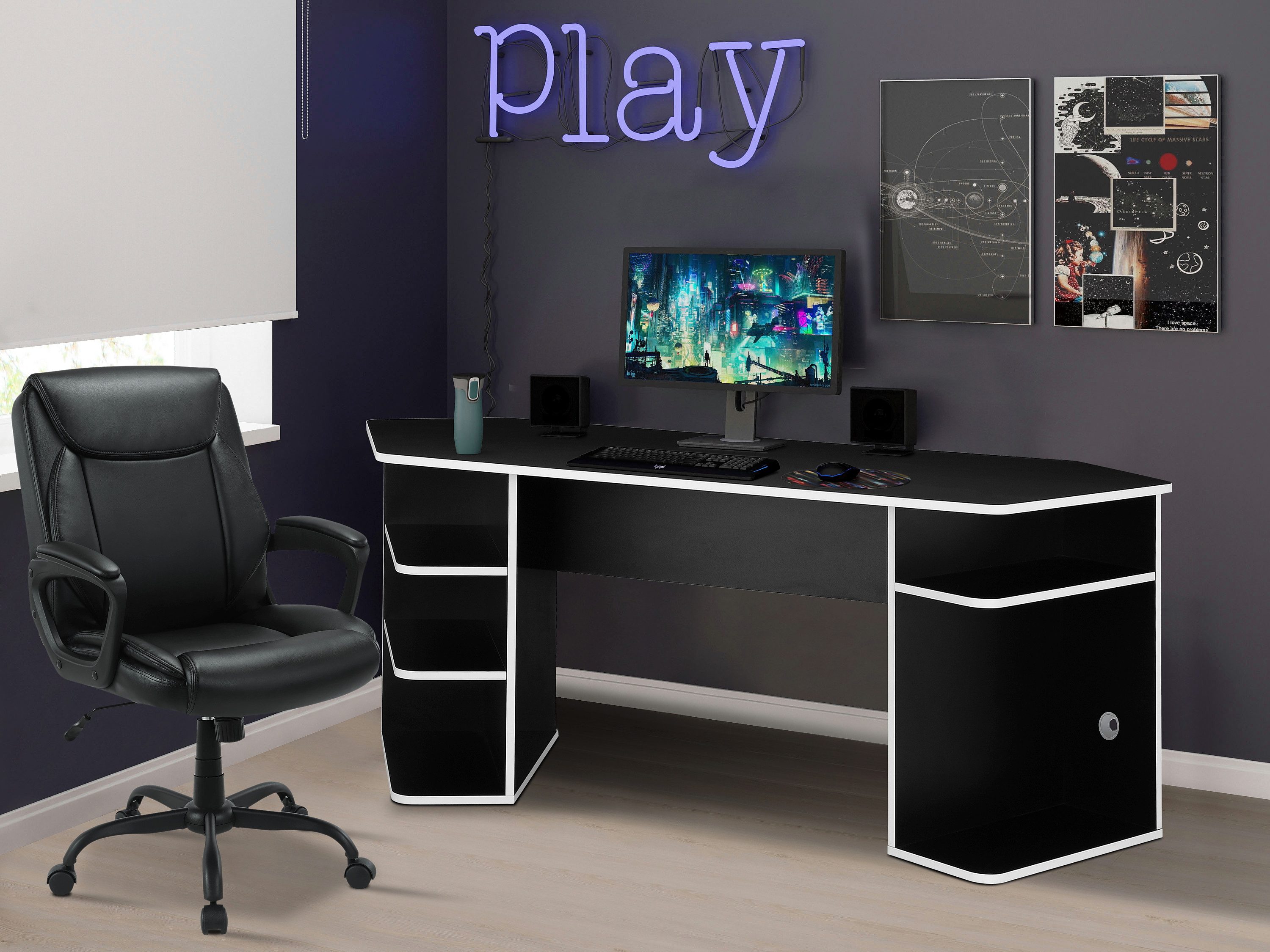 INOSIGN Gamingtafel Game, Computertisch, Hoekbureau , tower-vak, kabeldoorvoer, asymmetrisch ontwerp, breedte 180 cm