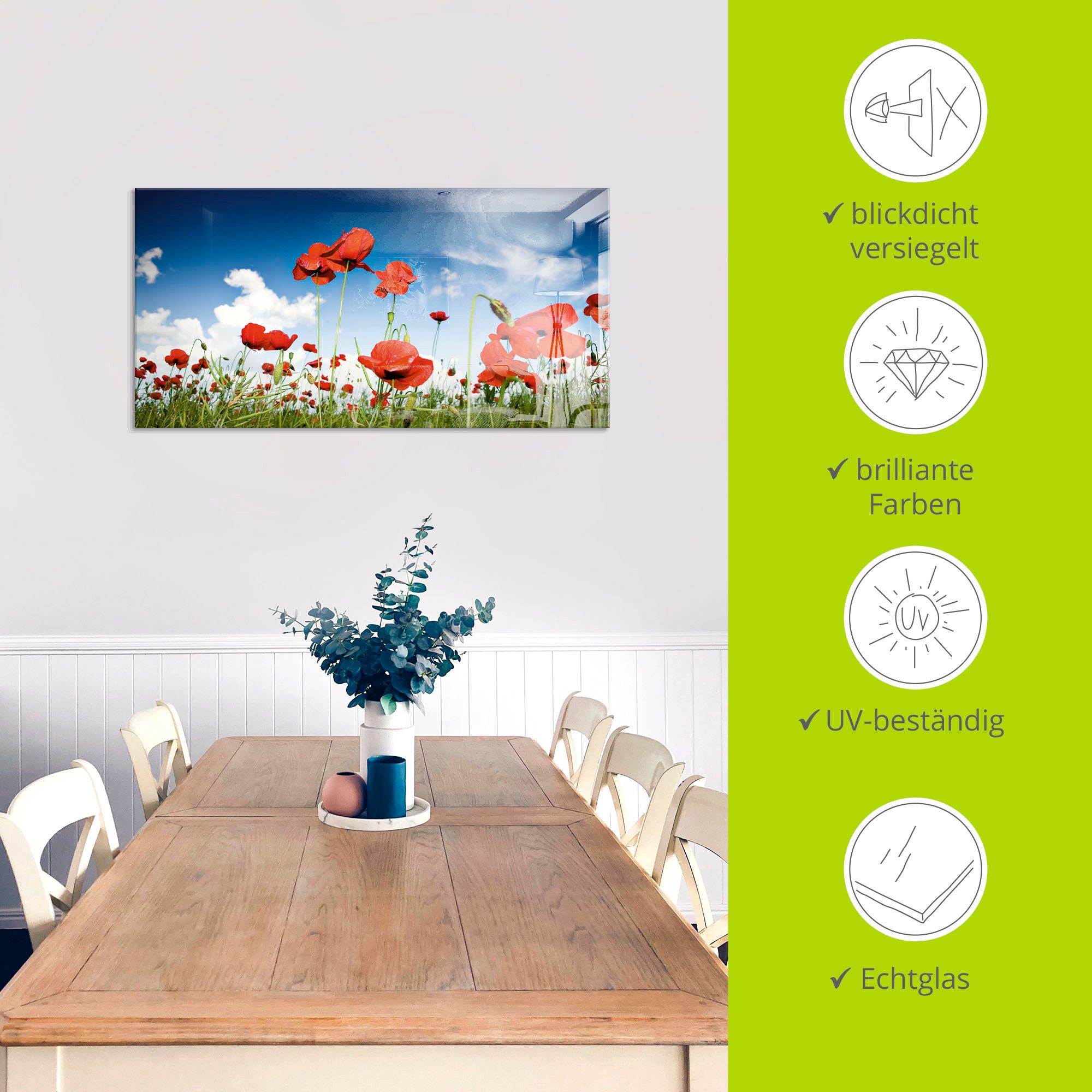 Artland Print op glas Veld met klaprozen onder de hemel