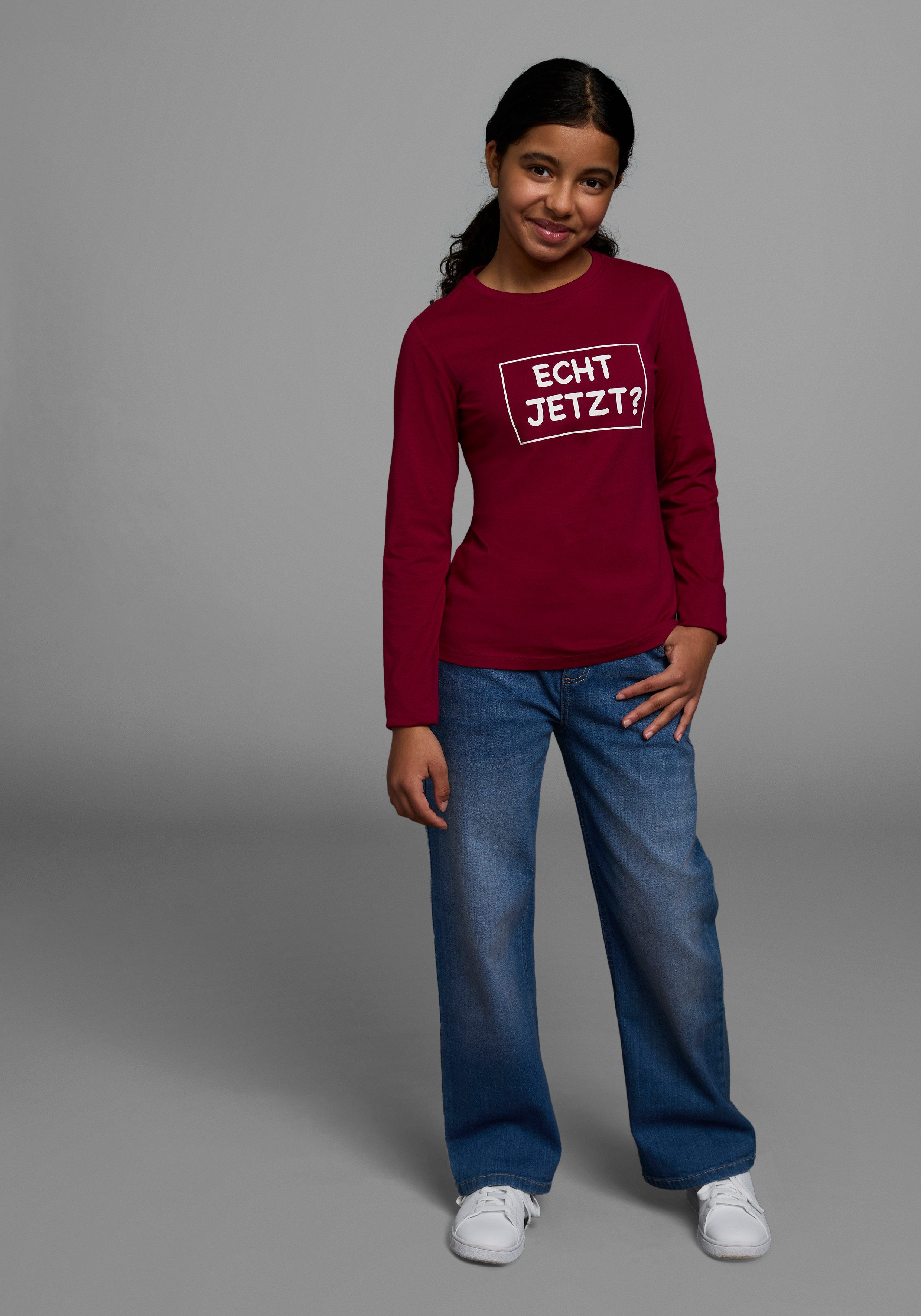 KIDSWORLD Shirt met lange mouwen ECHT JETZT? Lange mouwen, basic pasvorm, met frisse en dynamische opdruk