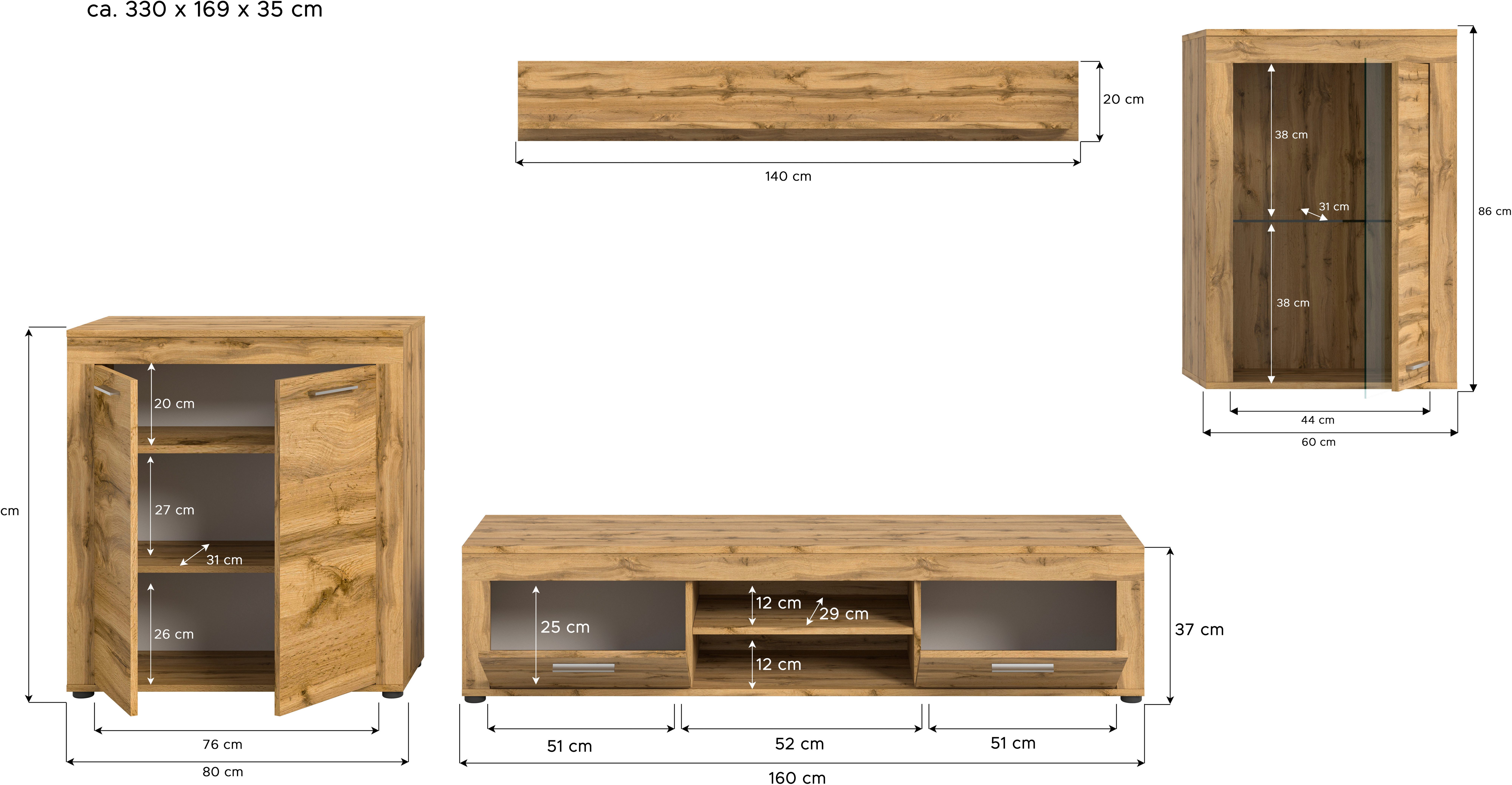 INOSIGN Wandmeubel Aosta, 4-delig, bestaande uit: highboard, lowboard, wandplank & vitrinekast (4-delig)