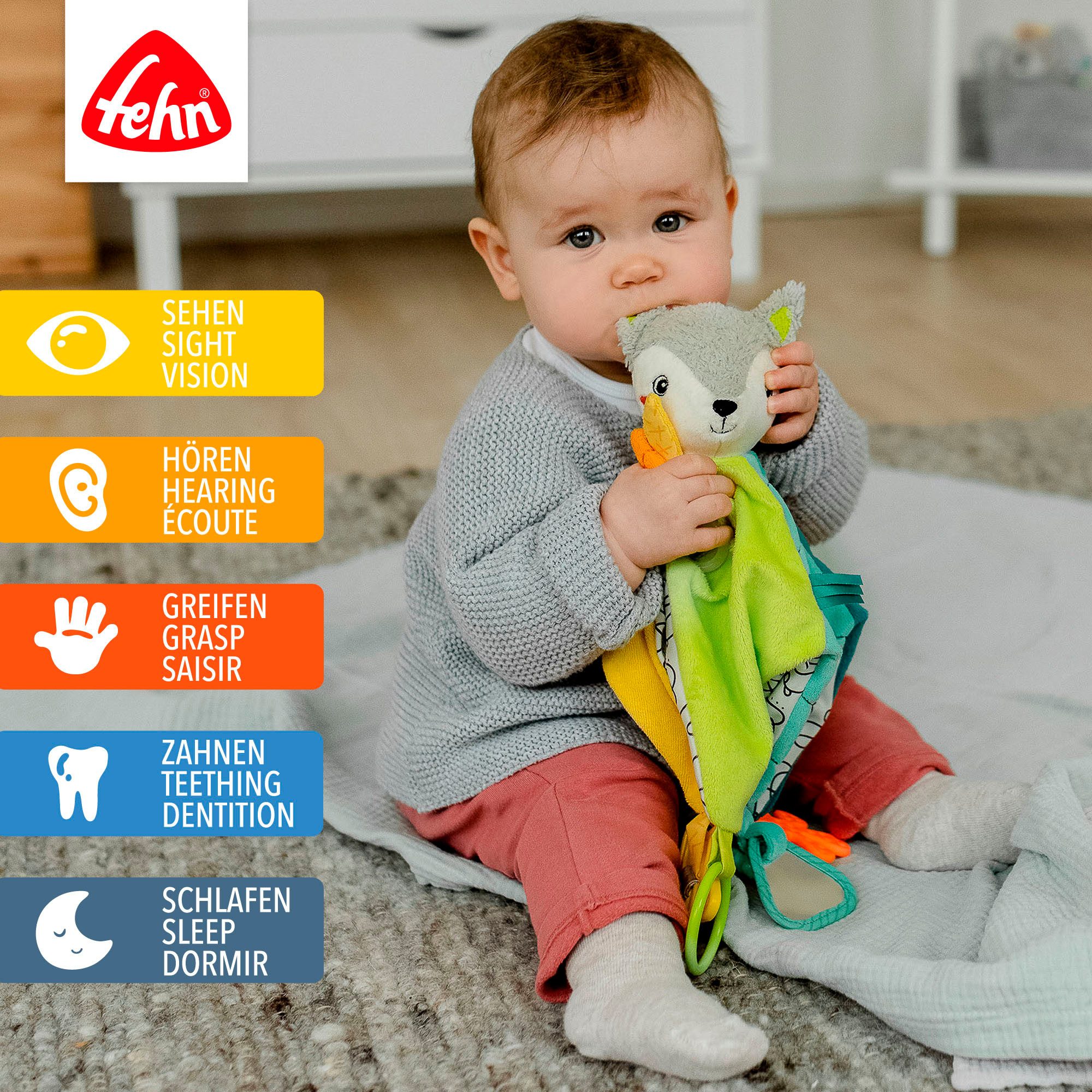Fehn Knuffeldoek DoBabyDoo, vos deluxe met bevestigingsring voor speen