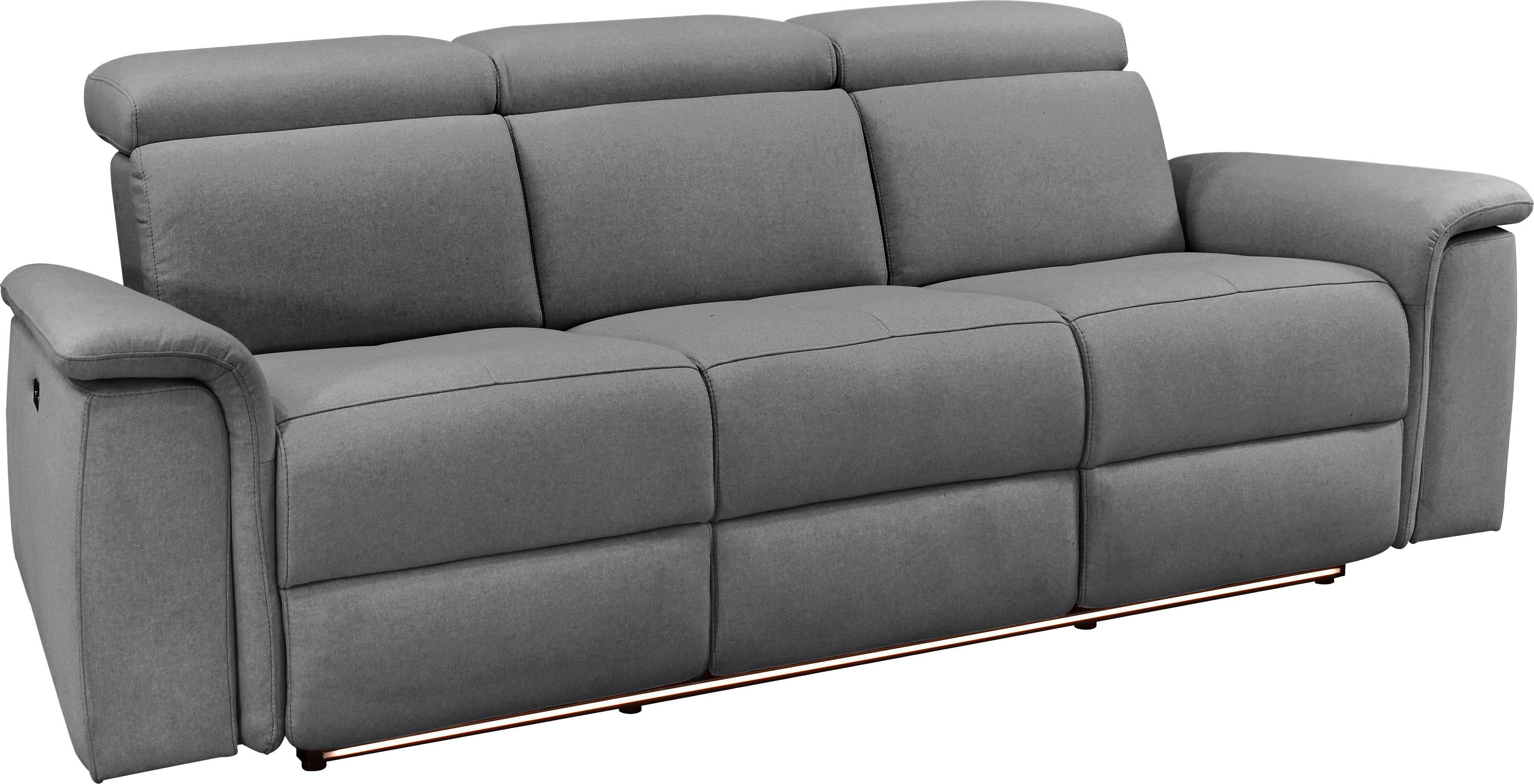 Places of Style 3-zitsbank Pareli 229 cm, handmatige en elektrische relaxfunctie in 2 zits USB, verstelbare hoofdsteun, LED-verlichting, in echt leer, kunstleer, geweven stof