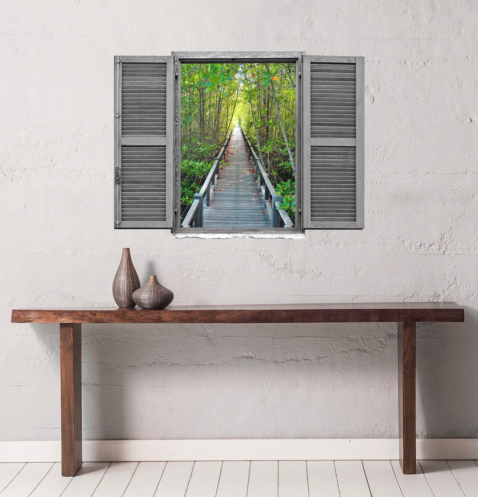 queence Wandfolie Brug in het bos Muursticker, muurdecoratie, zelfklevend, 3D, raam (1 stuk)