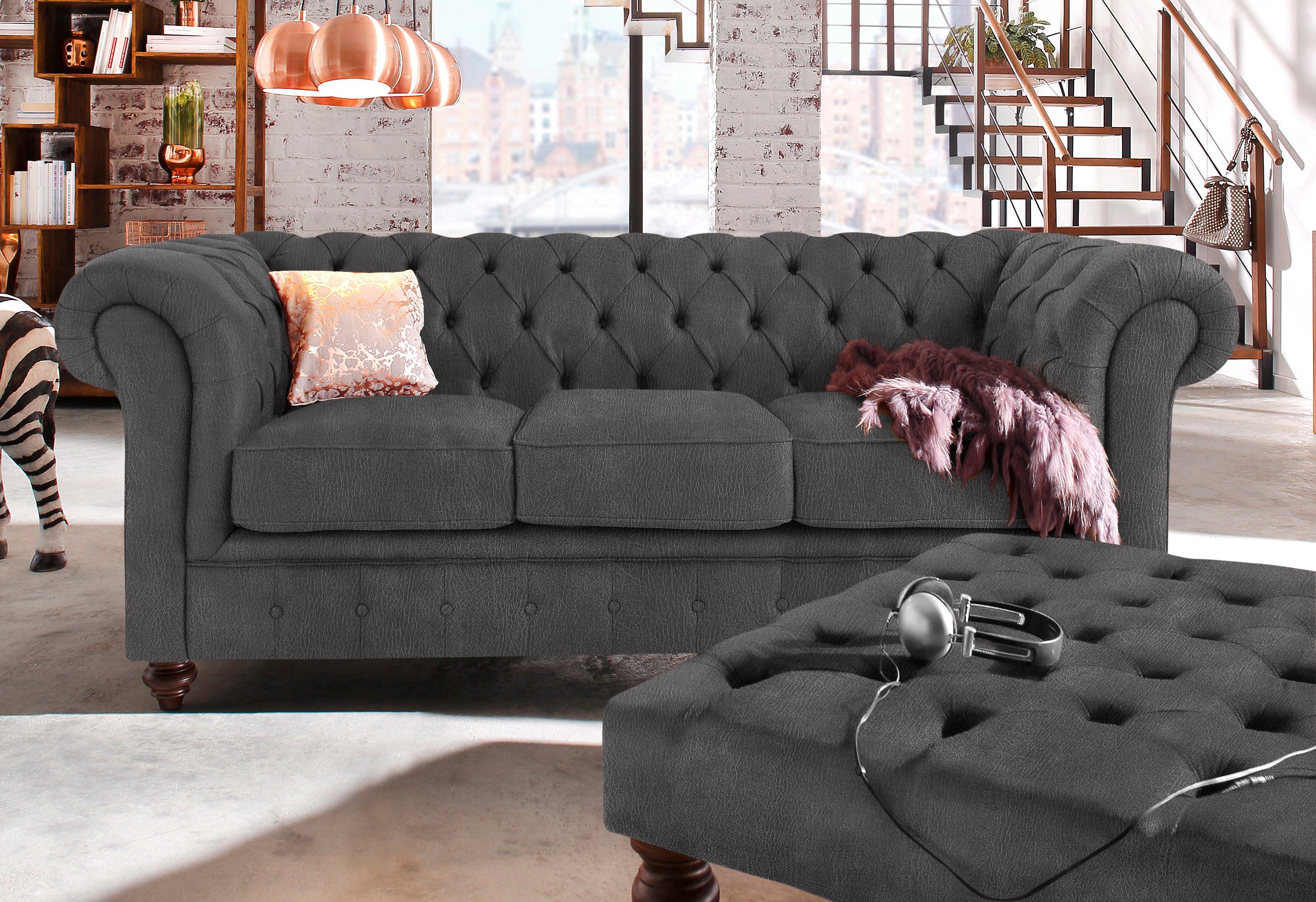Home affaire Chesterfield-bank Chesterfield 3-zits B/D/H: 198/89/74 cm met hoogwaardige knoopdetails, ook in leer