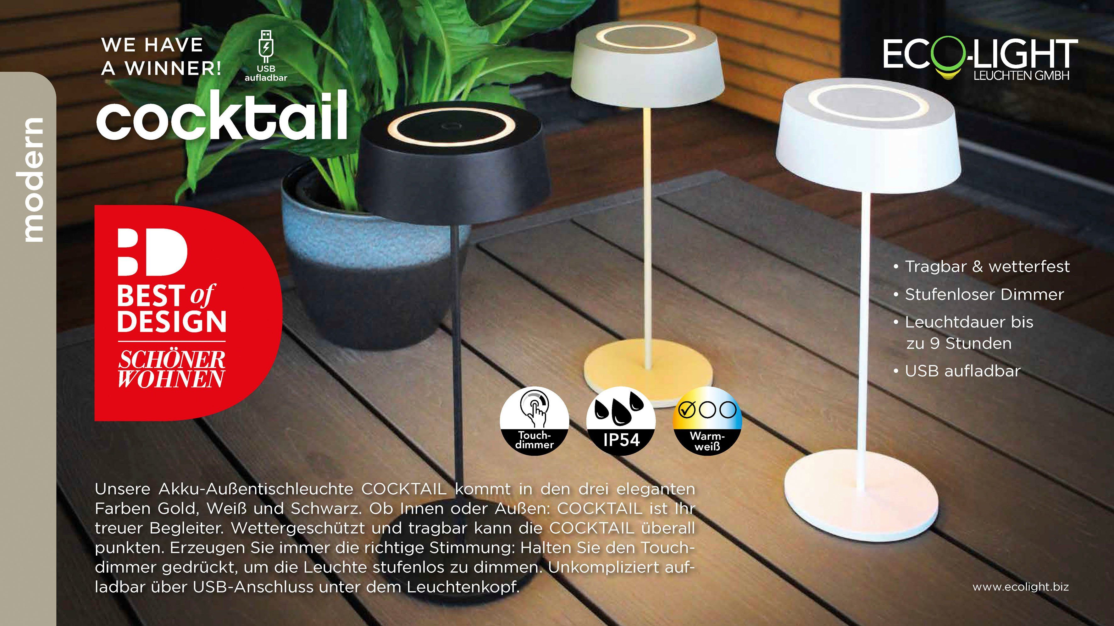 ECO-LIGHT Led-tafellamp Cocktail SCHÖNER WOHNEN DESIGN AWARD (1 stuk)