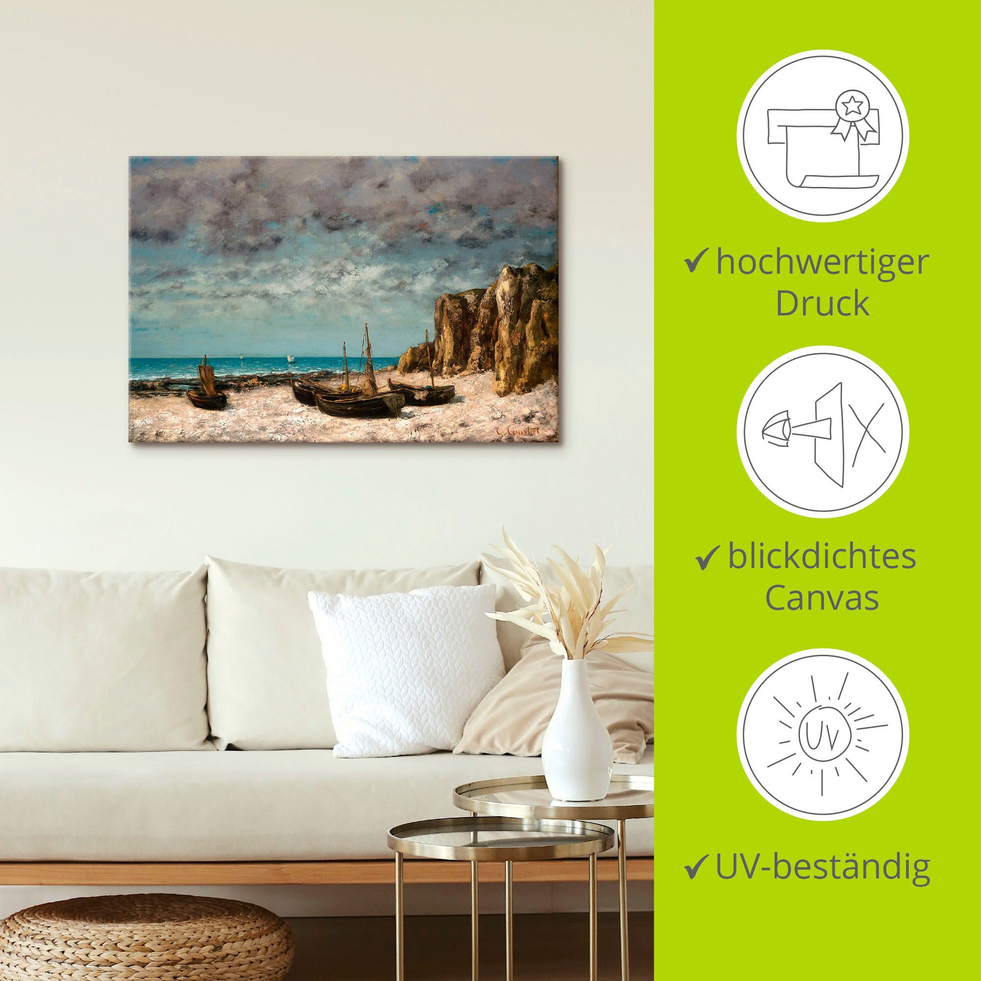 Artland Artprint Boten op het strand van Etretat. Rond 1872/75 als artprint op linnen, poster in verschillende formaten maten