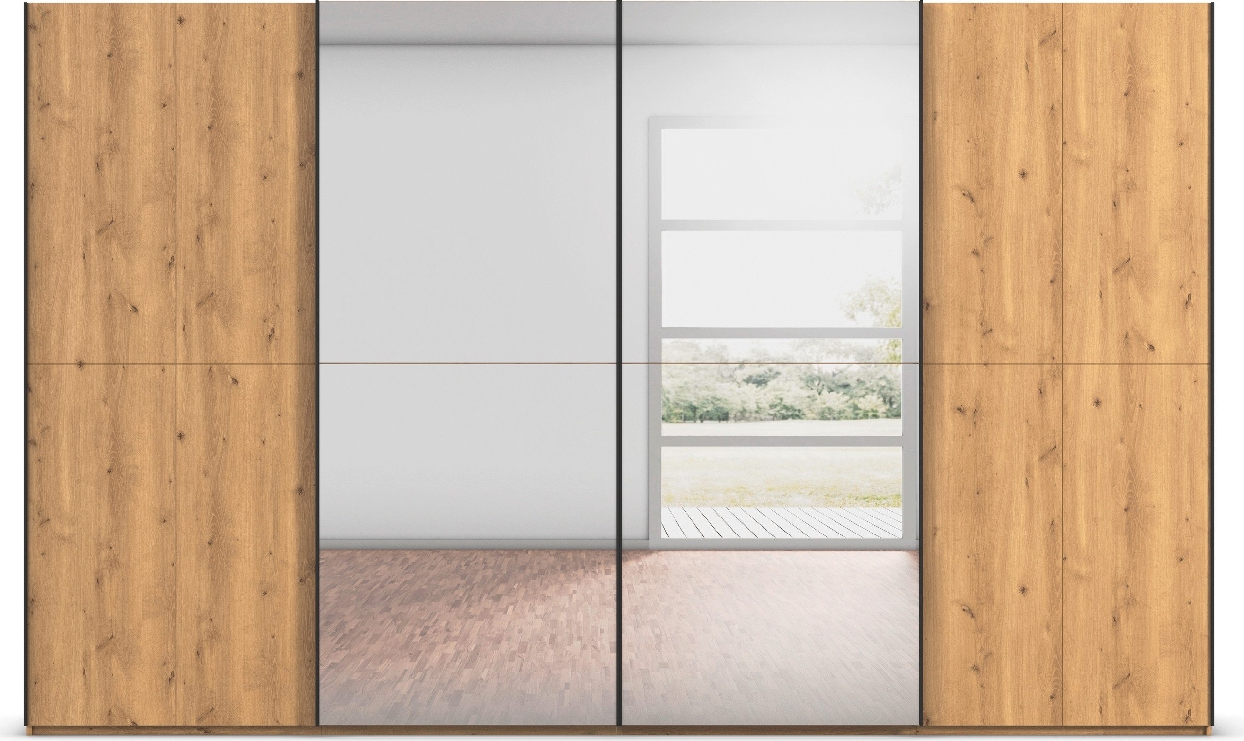 rauch Schuifdeurkast Kledingkast kast garderobe slaapkamerkast SCALE-WOOD edel gesplitste front in massief takken eiken met spiegel made in germany