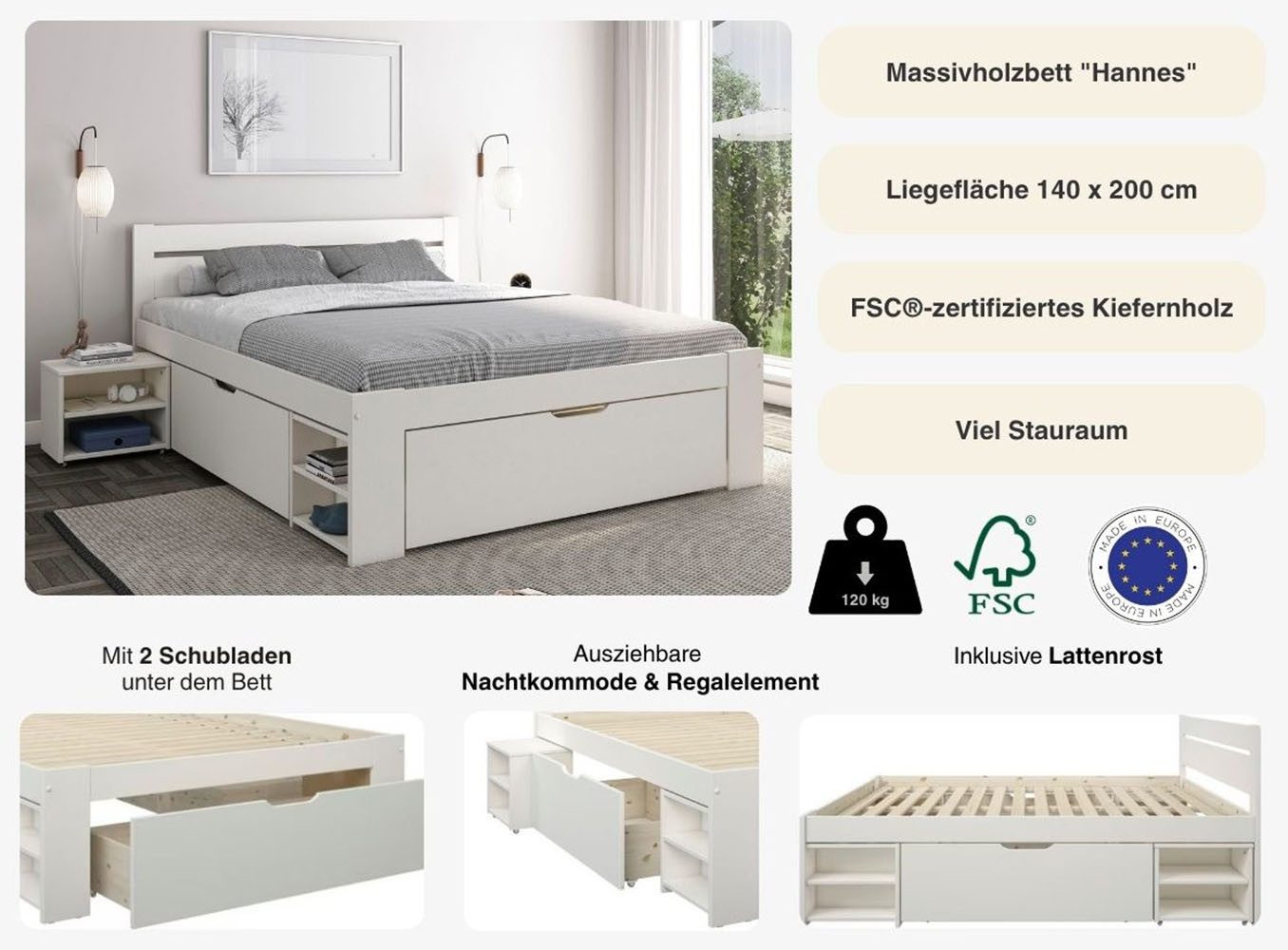 Home affaire Massief houten ledikant HANNES met laden en planken, nachtkastje uittrekbaar, stabiel