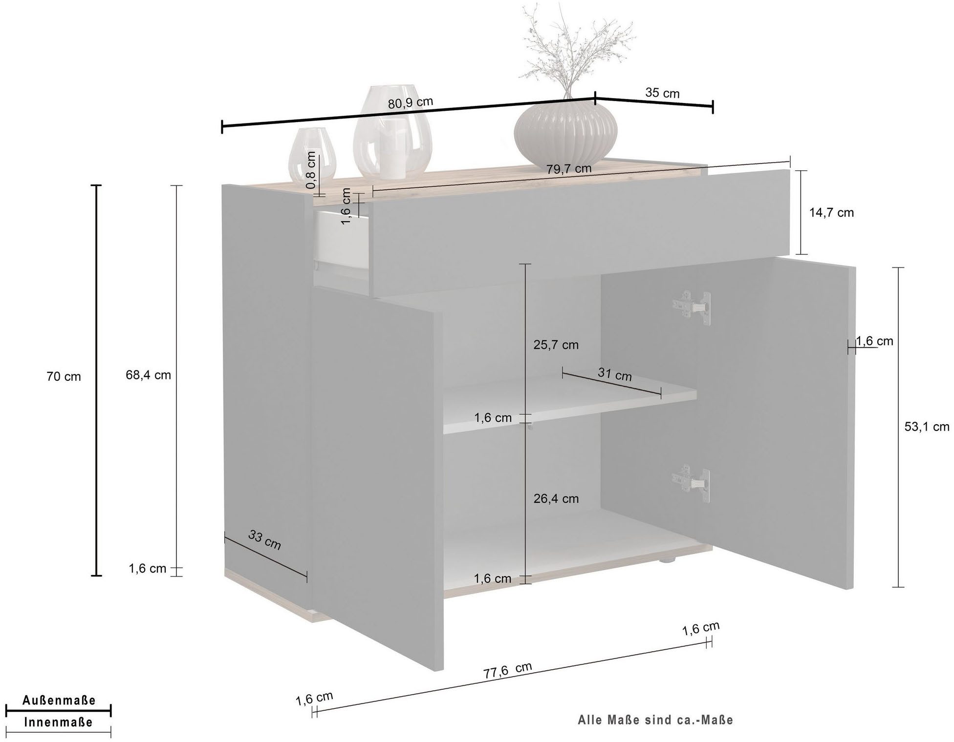 INOSIGN Dressoir Garda, Ladekast, Kast, Buffet 2 deuren, 1 lade, greeploos breedte 80,9 cm