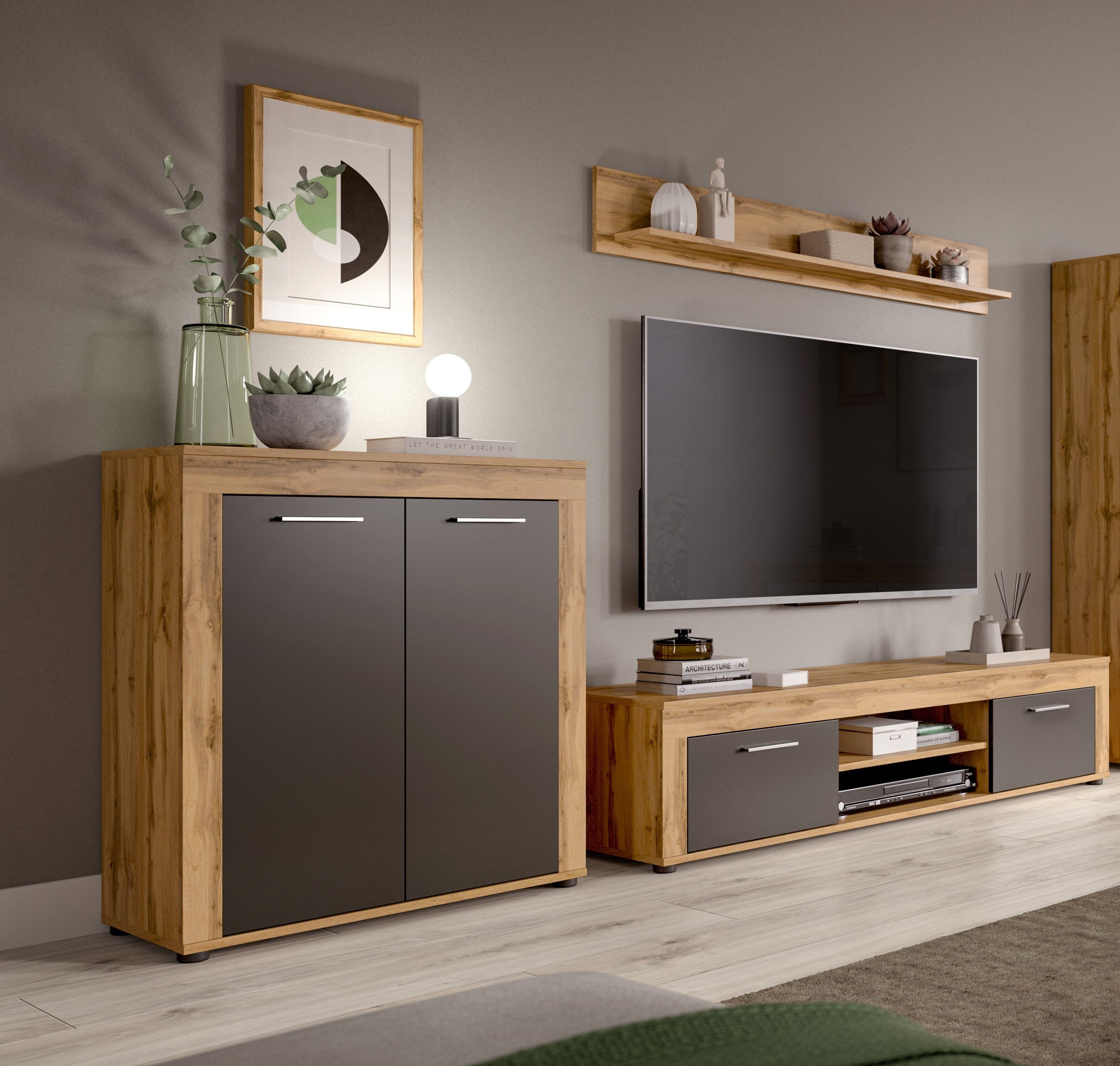 INOSIGN Wandmeubel Aosta, Breedte 255cm, bestaand uit Highboard, Lowboard, Wandplank Woonwand, combinatie, opbouwwand, meubelset, kastwand, meubelcombi (3-delig)