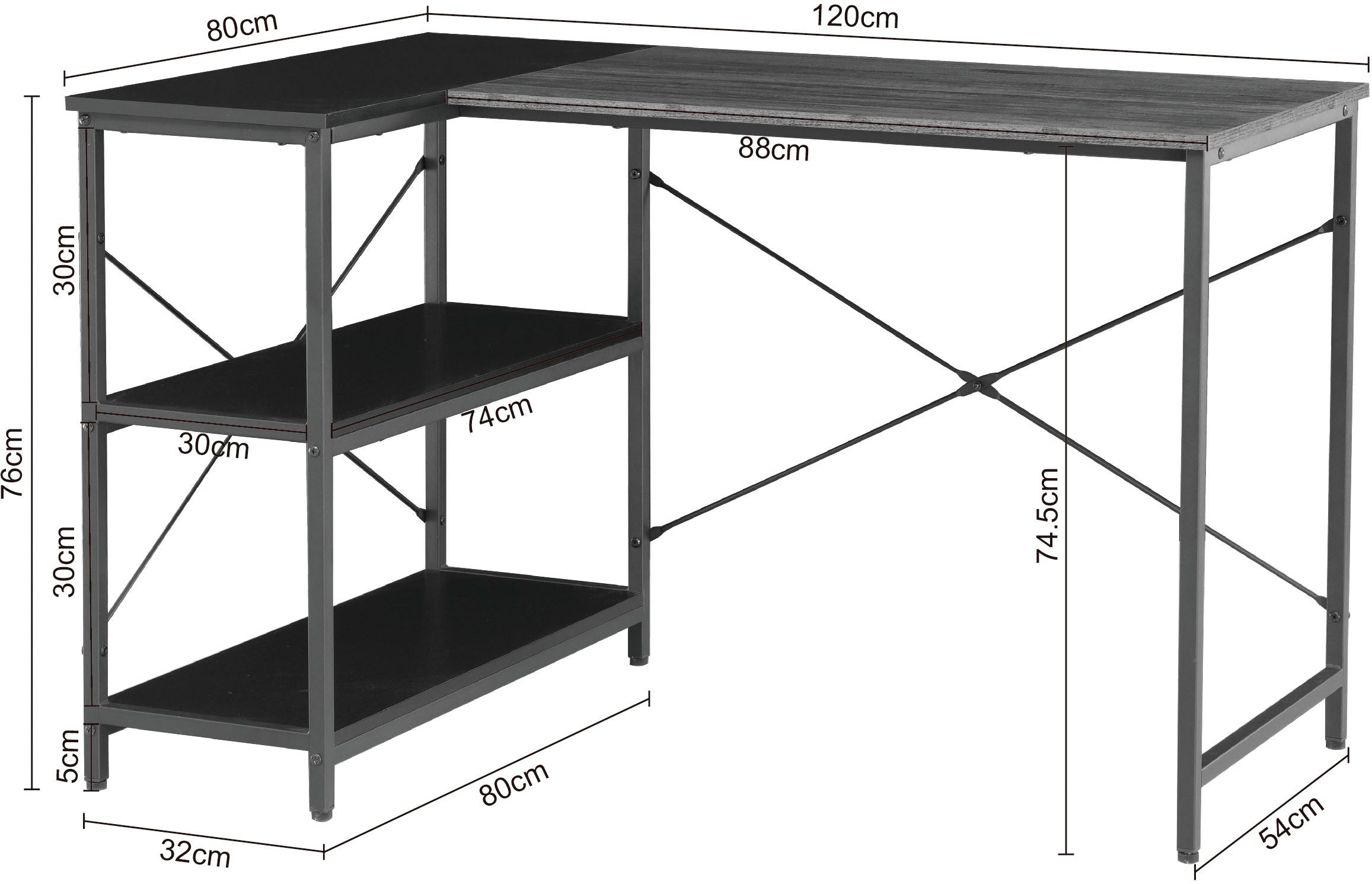 INOSIGN Hoekbureau Skruva, computertafel, knutseltafel Metalen frame, hoekrek, ABS-randen, totale breedte 120 cm