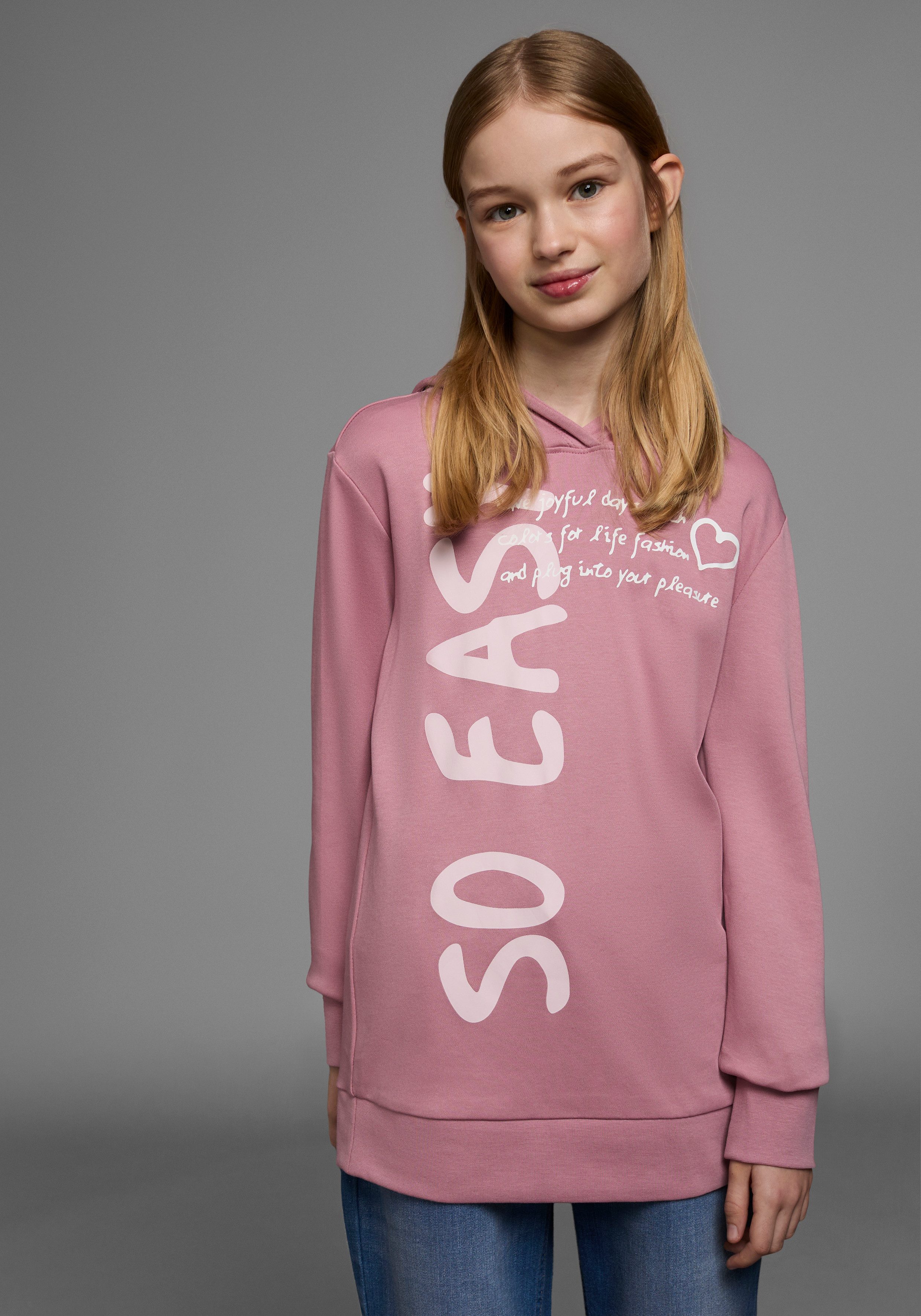 KIDSWORLD Capuchonshirt SO EASY - Print Lange mouwen, basic pasvorm, met modieuze prints meisjes truien maat 140/146 roze