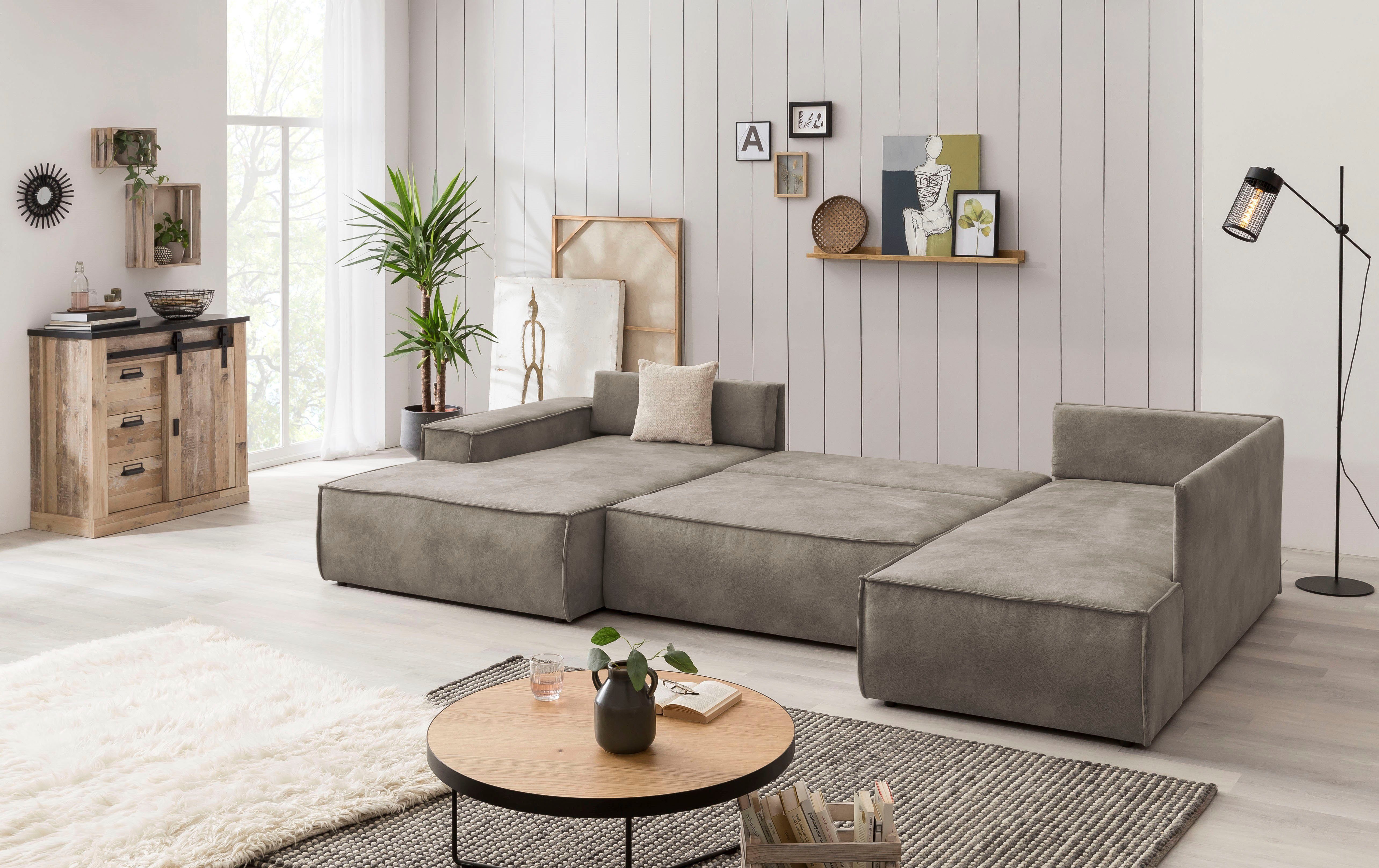 Home affaire Zithoek SHERWOOD 329 cm, U-vorm, slaapbank, Slaapfunctie met bedkist (194x139 cm), cord, vintage, fluweel