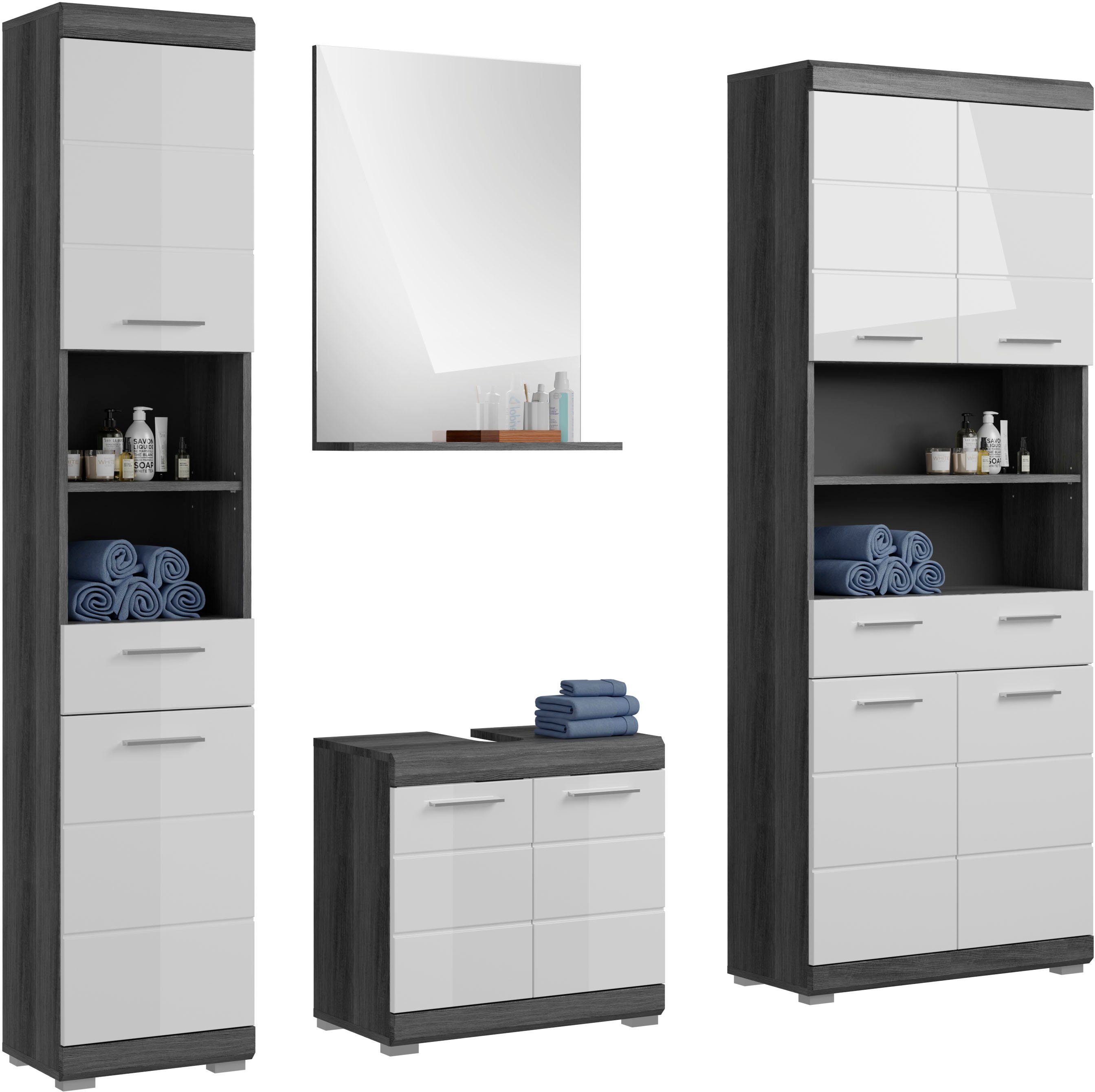 INOSIGN Badkamerserie Siena, 4-delig, bestaande uit: Hoge kast, wastafelonderkast, badkamer spiegel, brede hoge kast (set, 4-delig) badmeubelsets
