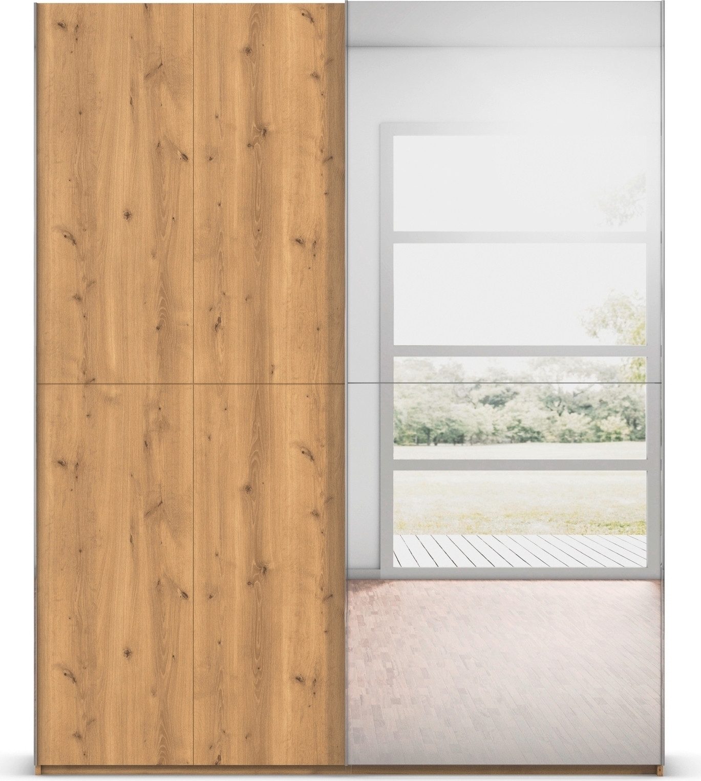 rauch Schuifdeurkast Kledingkast kast garderobe slaapkamerkast SCALE-WOOD edel gesplitste front in massief takken eiken met spiegel made in germany
