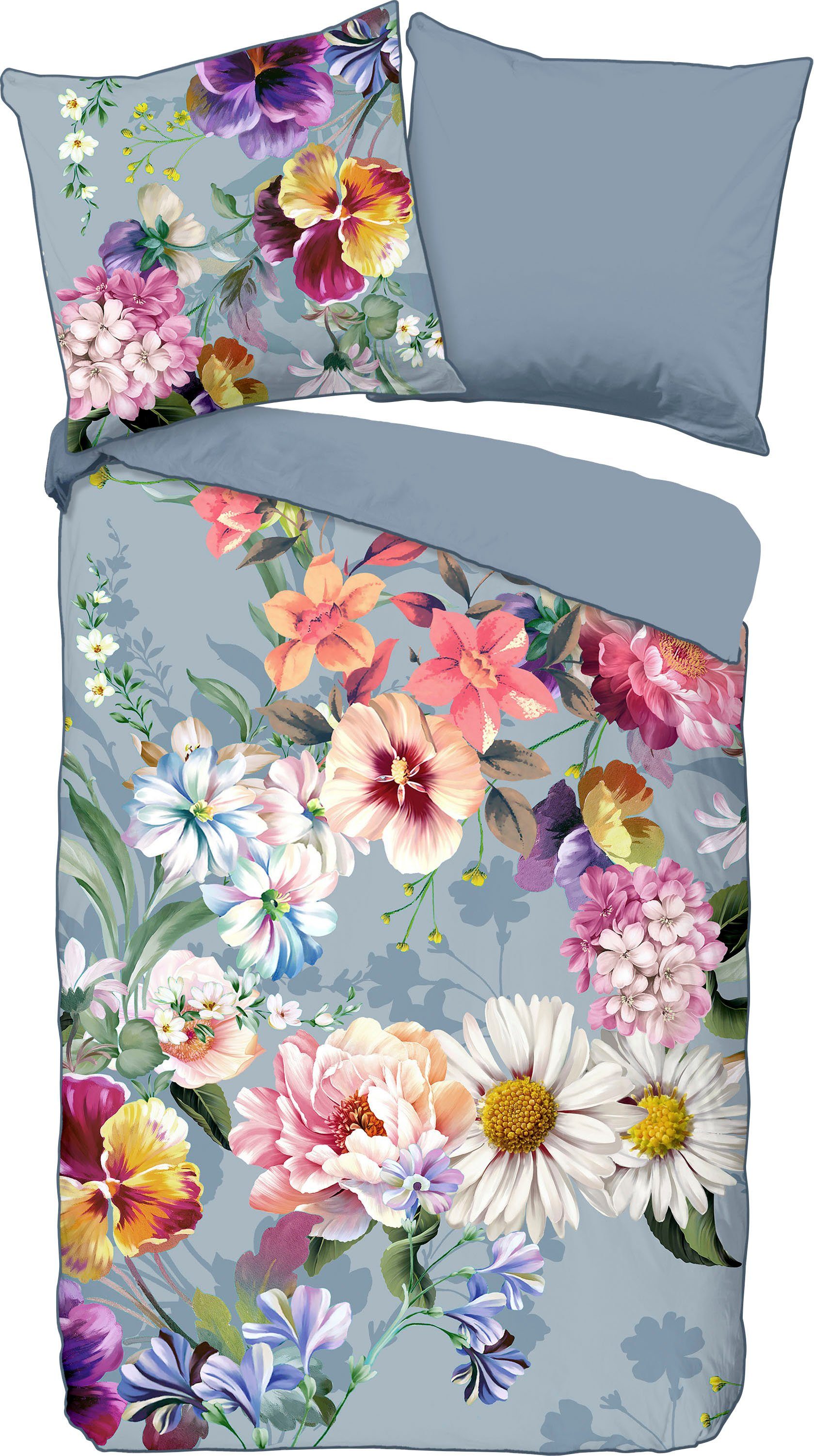 Descanso Tweezijdig te gebruiken overtrekset NOVARA Katoen, Satijn, 135x200, Bies, Rits, Omkeerbaar, Bloemen, Natuur dekbedovertrekken grijs
