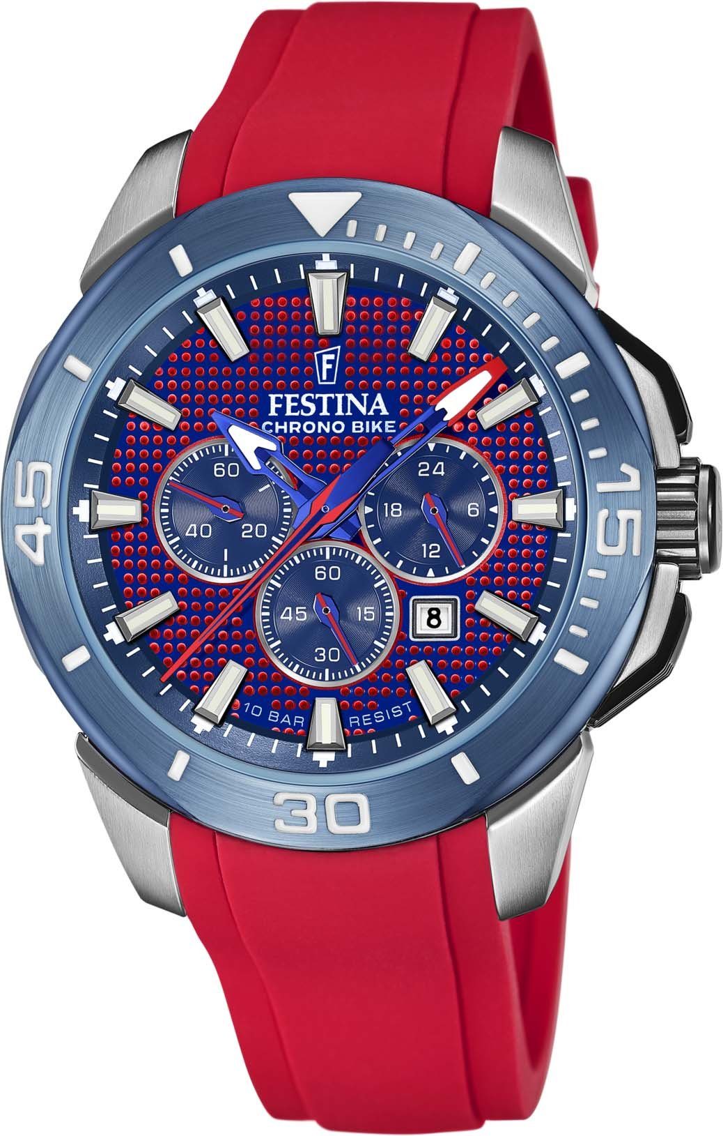 Festina Chronograaf Chrono Bike Horloge, quartzhorloge, herenhorloge, stopwatchfunctie, stalen armband heren horloges rood