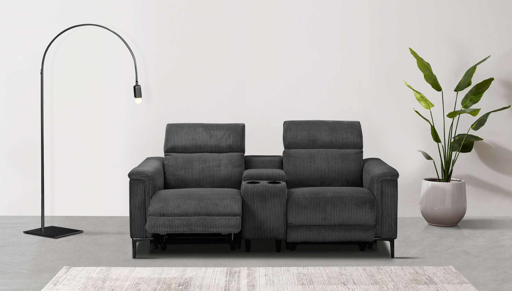 Places of Style 2-zitsbank Lund in cord, 2-zits bioscoopbank, tv-fauteuil, multimedia-sofa, USB-A met elektrische of handmatige relaxfunctie, bekerhouder en opbergruimte