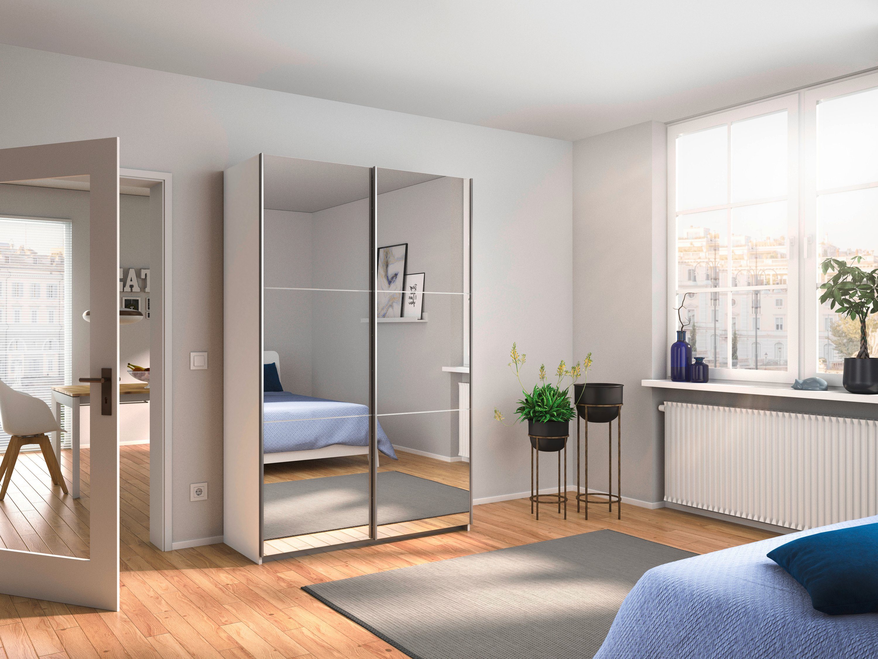 rauch Zweefdeurkast Kledingkast kast garderobe REFLECT inclusief praktische binneninrichting met 2 stoffen dozen made in germany