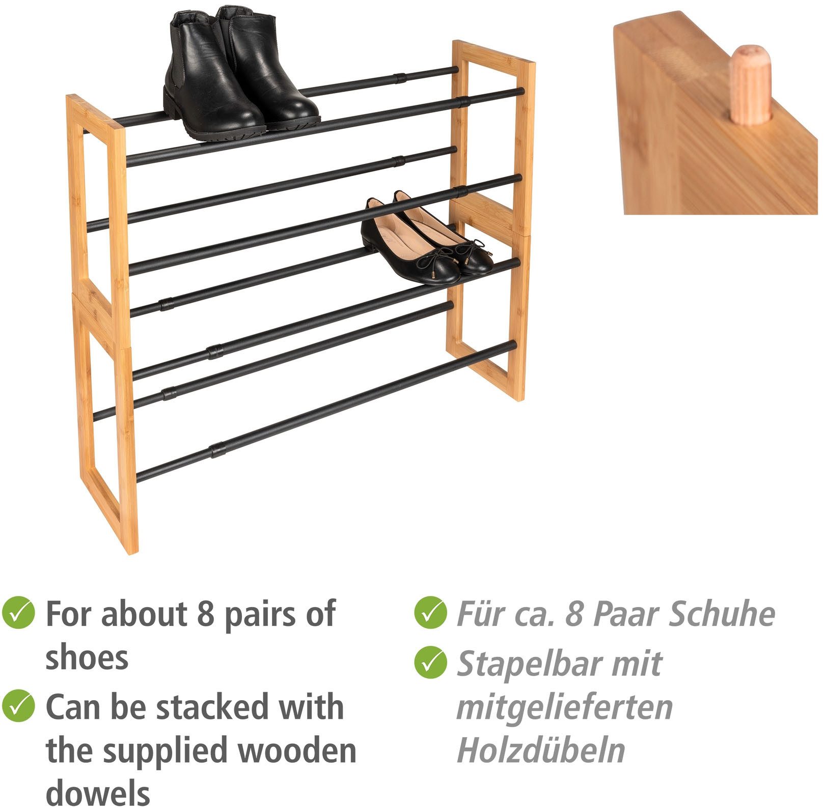 WENKO Schoenenrek Modell Ecori Schoenenkast met 2 planken, smal, uitschuifbaar en stapelbaar