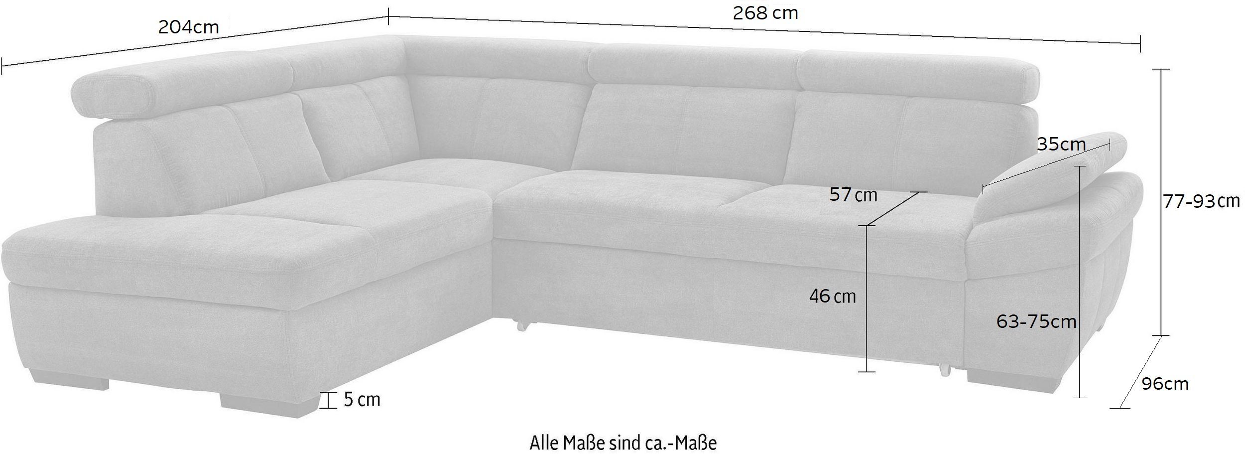 exxpo - sofa fashion Hoekbank Salerno, klassieke moderne functionele bank, hoog zitcomfort, L-vorm inclusief verstelbare hoofdsteun en armleuning, naar keuze met slaapfunctie