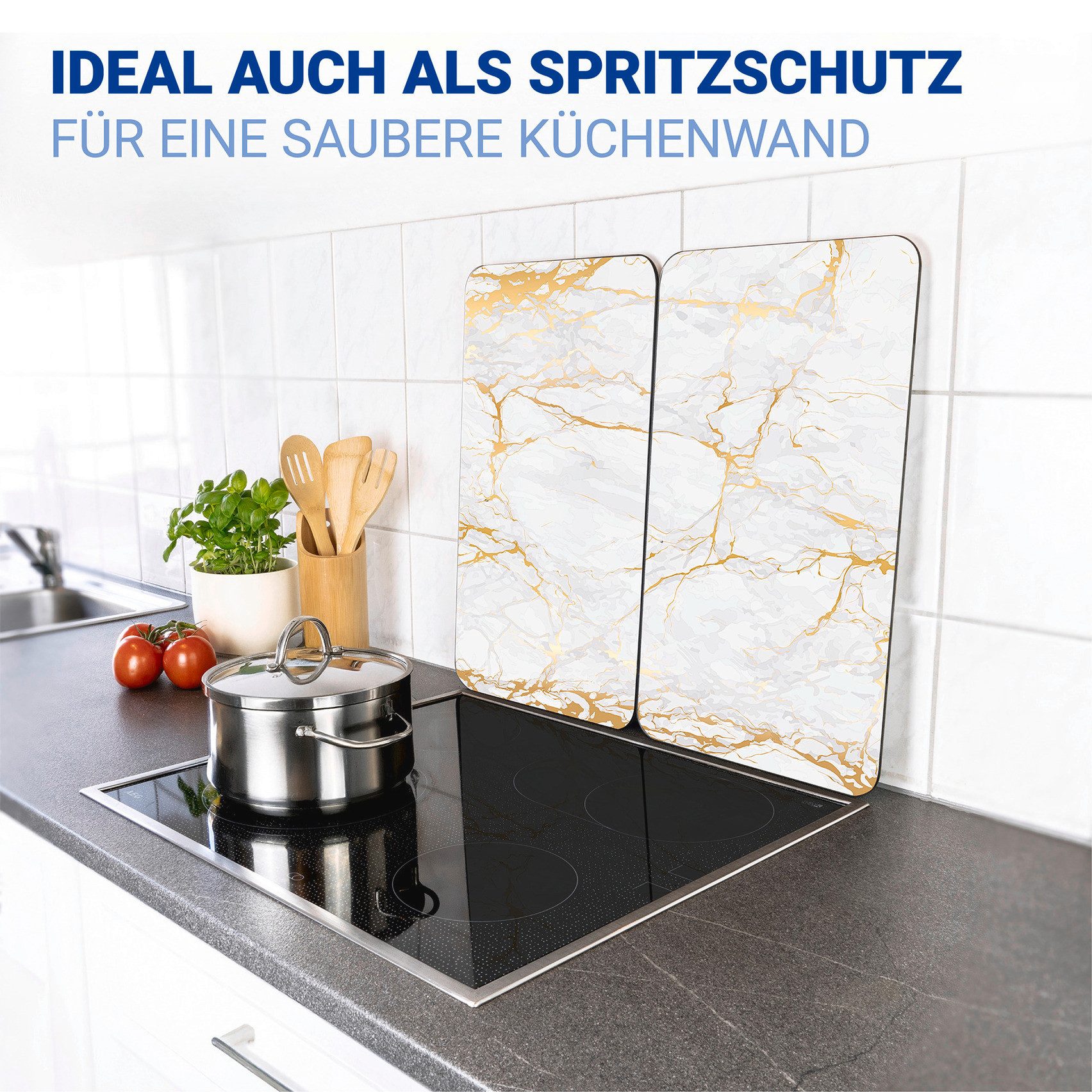 WENKO Kookplaatdeksel Universal Model Marmor Gold Kookplaatafdekking voor alle soorten kookplaten, krasvast, met antislipvoetjes (set, 2-delig)