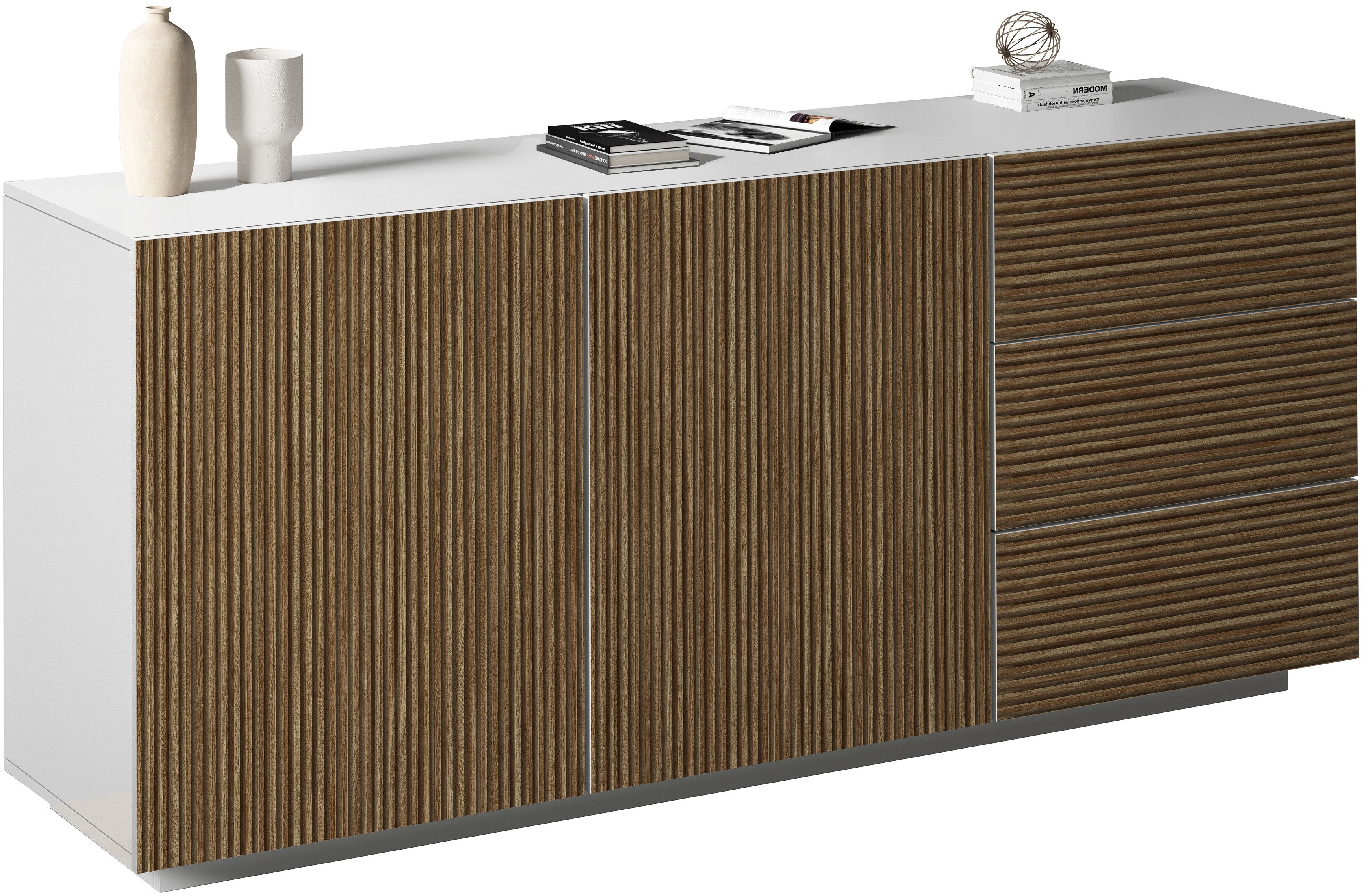 INOSIGN Dressoir Vega Sideboard, Ladekast, 180 cm met 2 deuren en 3 lades, fronten met groeflook