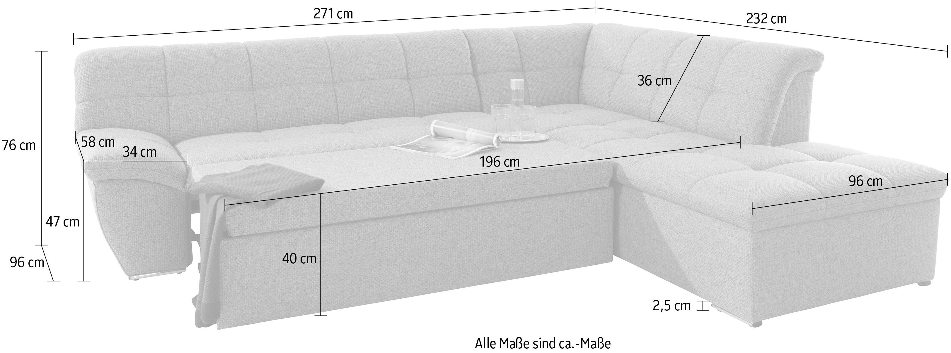 DOMO collection Hoekbank Lagoa, moderne Sitzheftung, bequem und komfortabel, L-Form naar keuze met slaapfunctie, vrij plaatsbaar, grote veelvoud aan kleuren