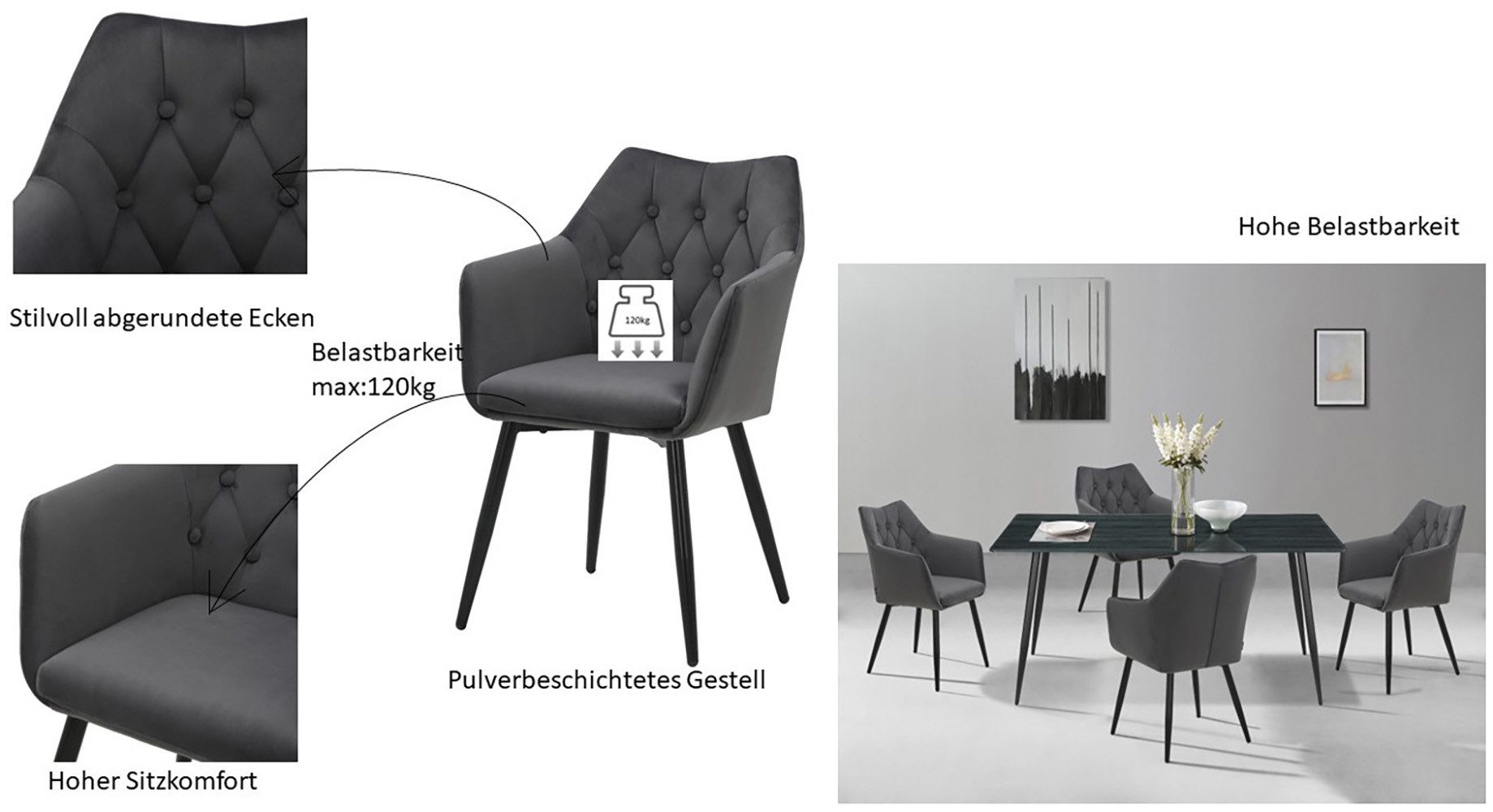 Home affaire Eetkamerstoel Alton schaalstoel, TOPSELLER! met zachte velours, armstoel met aantrekkelijke knoopverwerking (set, 2 stuks)