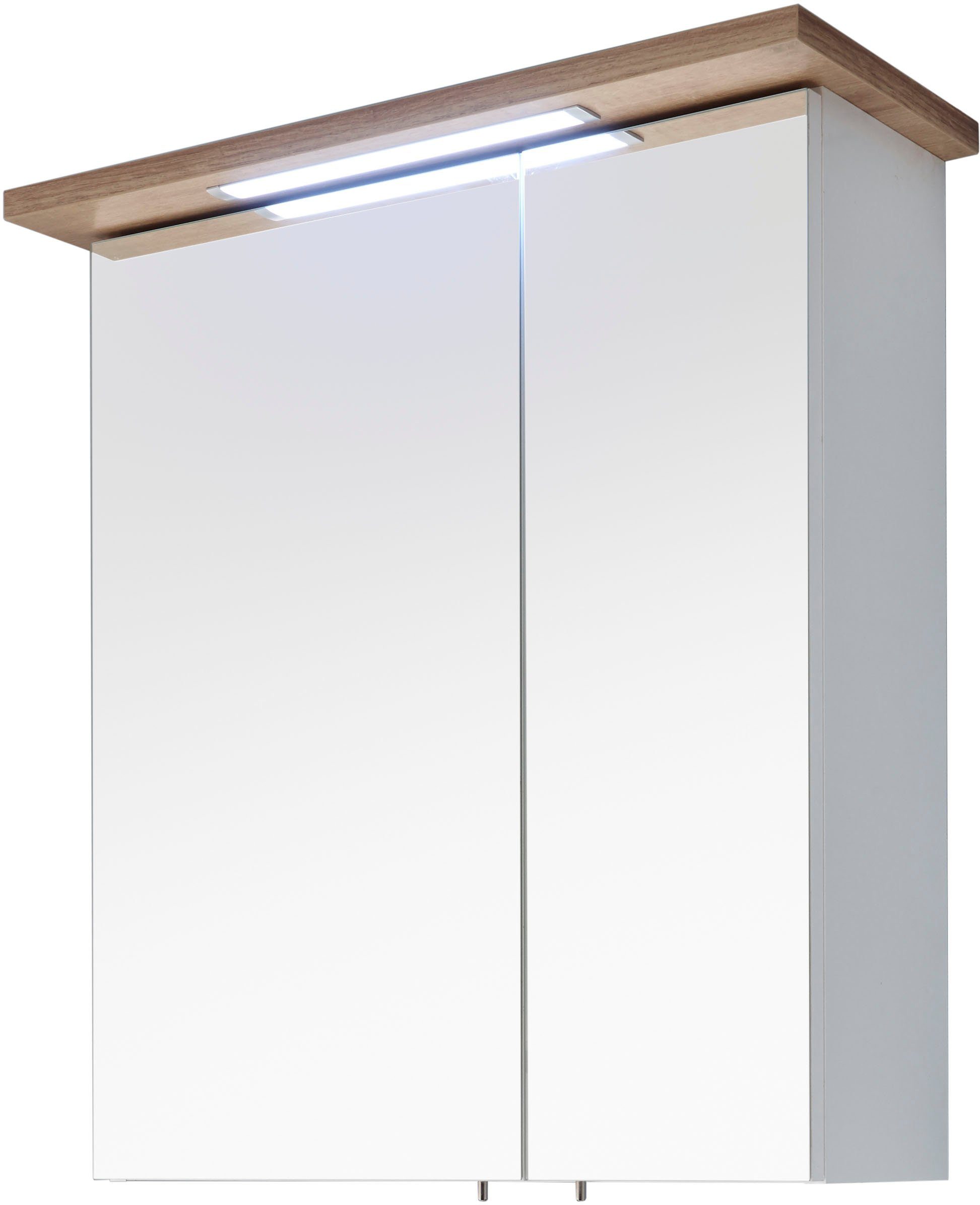Saphir Badkamerserie Quickset 2-delig, mineraalmarmeren wastafel en LED-spiegelkast Wastafelmeubel 61 cm breed, 4 deuren, 1 lade, 2 planken, badkameraccessoireset (2-delig)