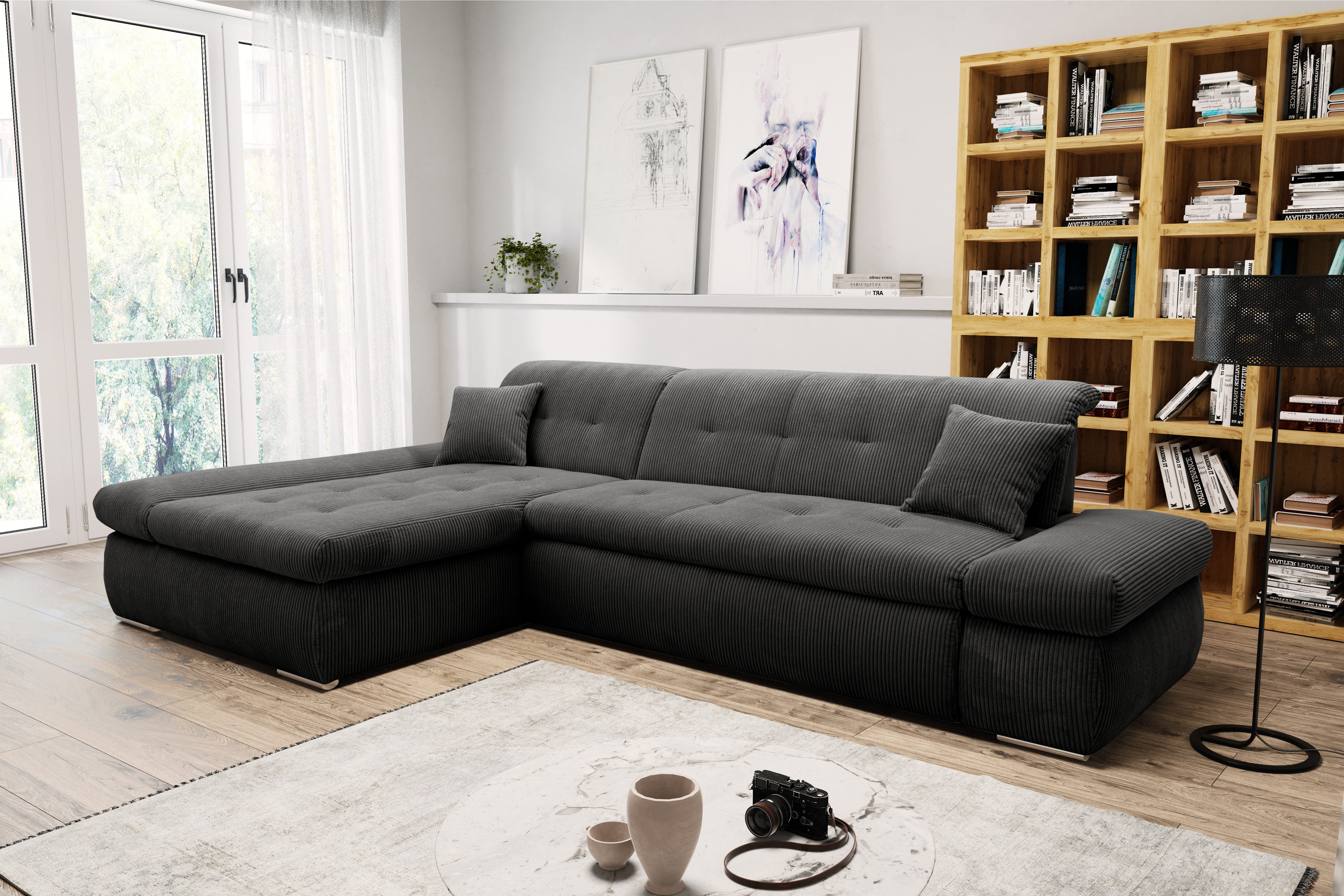 DOMO collection Hoekbank Moric Luxe - BxDxH 300x172x80 cm, XXL-formaat L-vorm, 140kg belasting/zitplaats, in cord, chenille, kunstleer grijs,