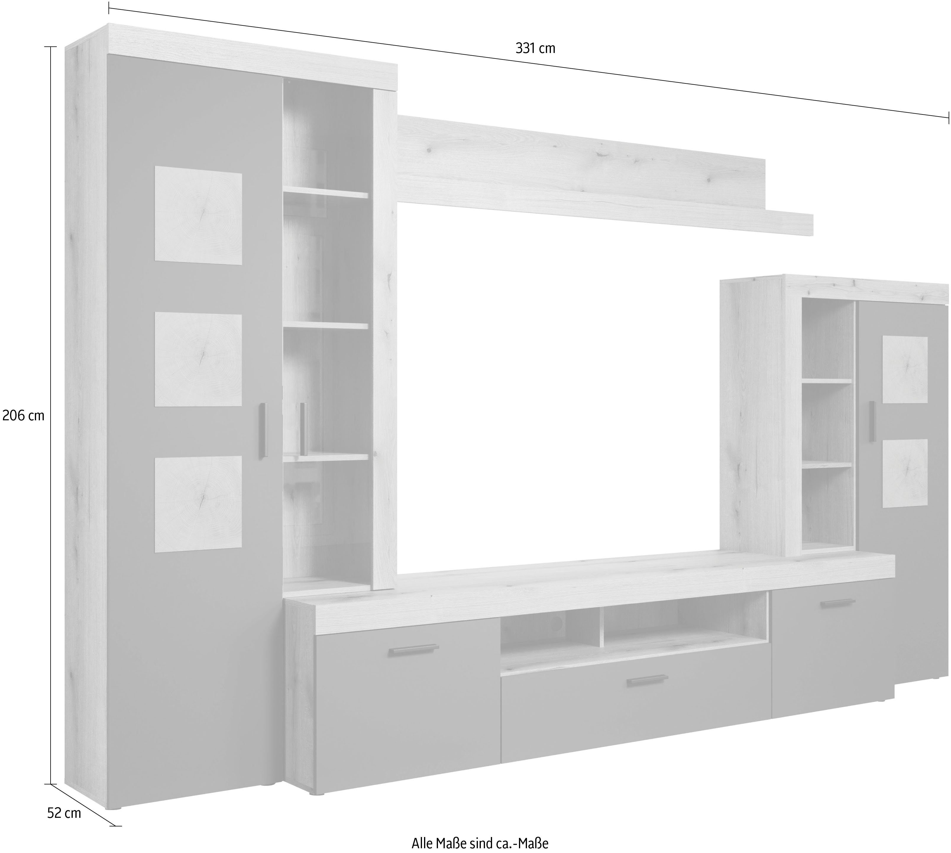 Home affaire Wandmeubel Gent Met applicaties van kopshout - gemonteerd (bxdxh): 331x52x206 cm (complete set, 4-delig)