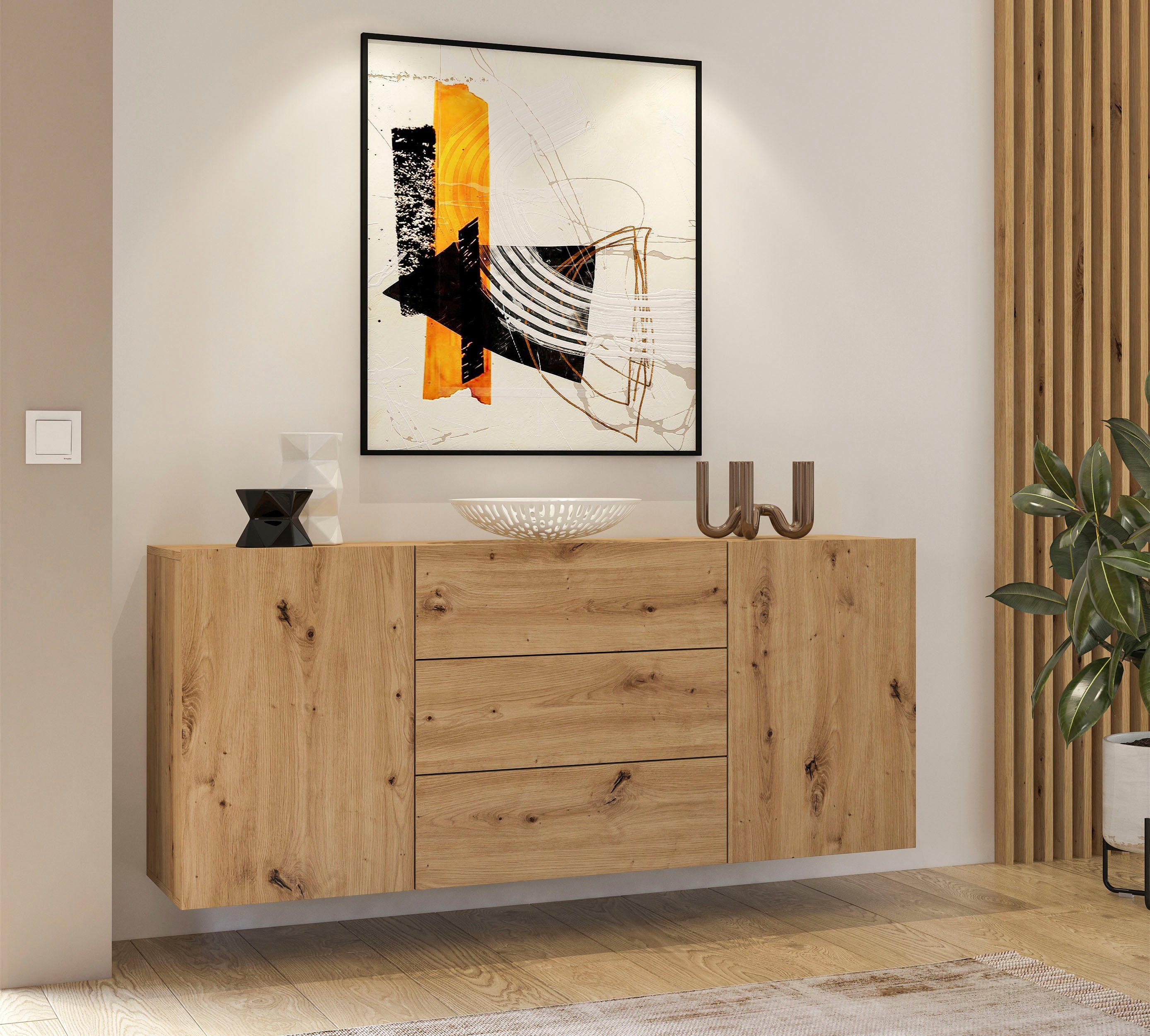 INOSIGN Dressoir Ava, breedte 140 cm, hangend en staand te monteren moderne grepless commode, ladekast, 2 deuren/3 lades