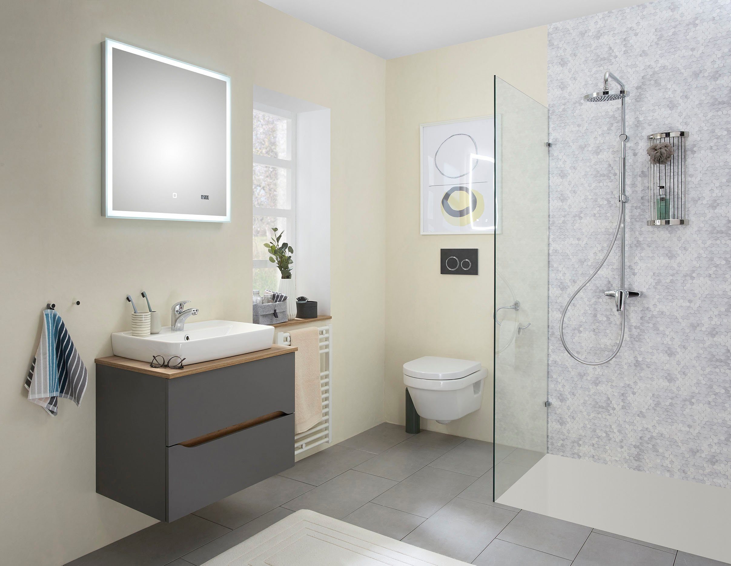 Saphir Badkamerserie Quickset 2-delig, keramieken opzetwasbak met led-spiegel Wastafelmeubel 73 cm breed, inclusief deurdemper, 2 laden (4-delig)