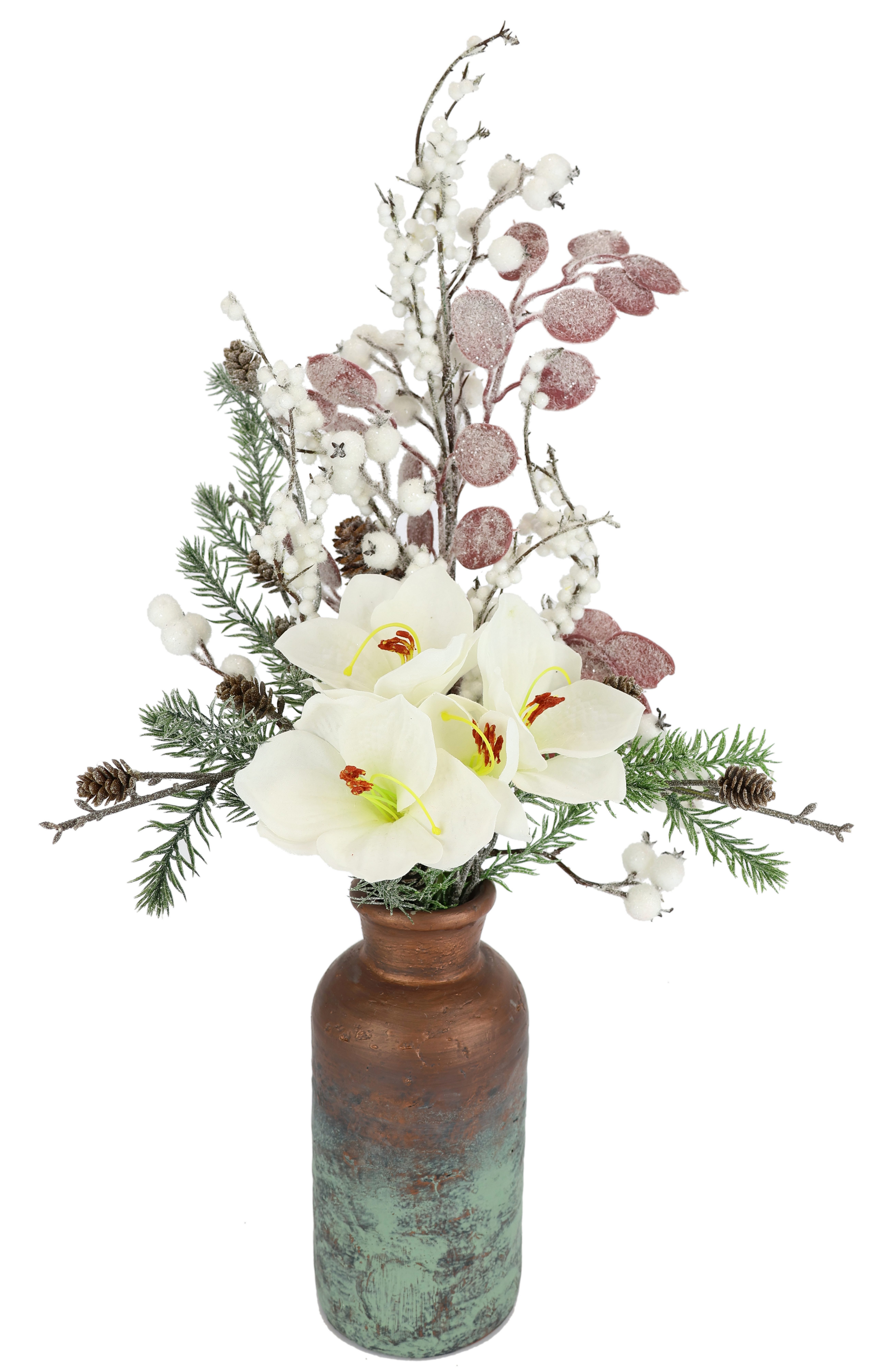 I.GE.A. Winterse kunstplant Arrangement met amaryllis in keramische vaas, kunstbloemen-arrangement(1 stuk)